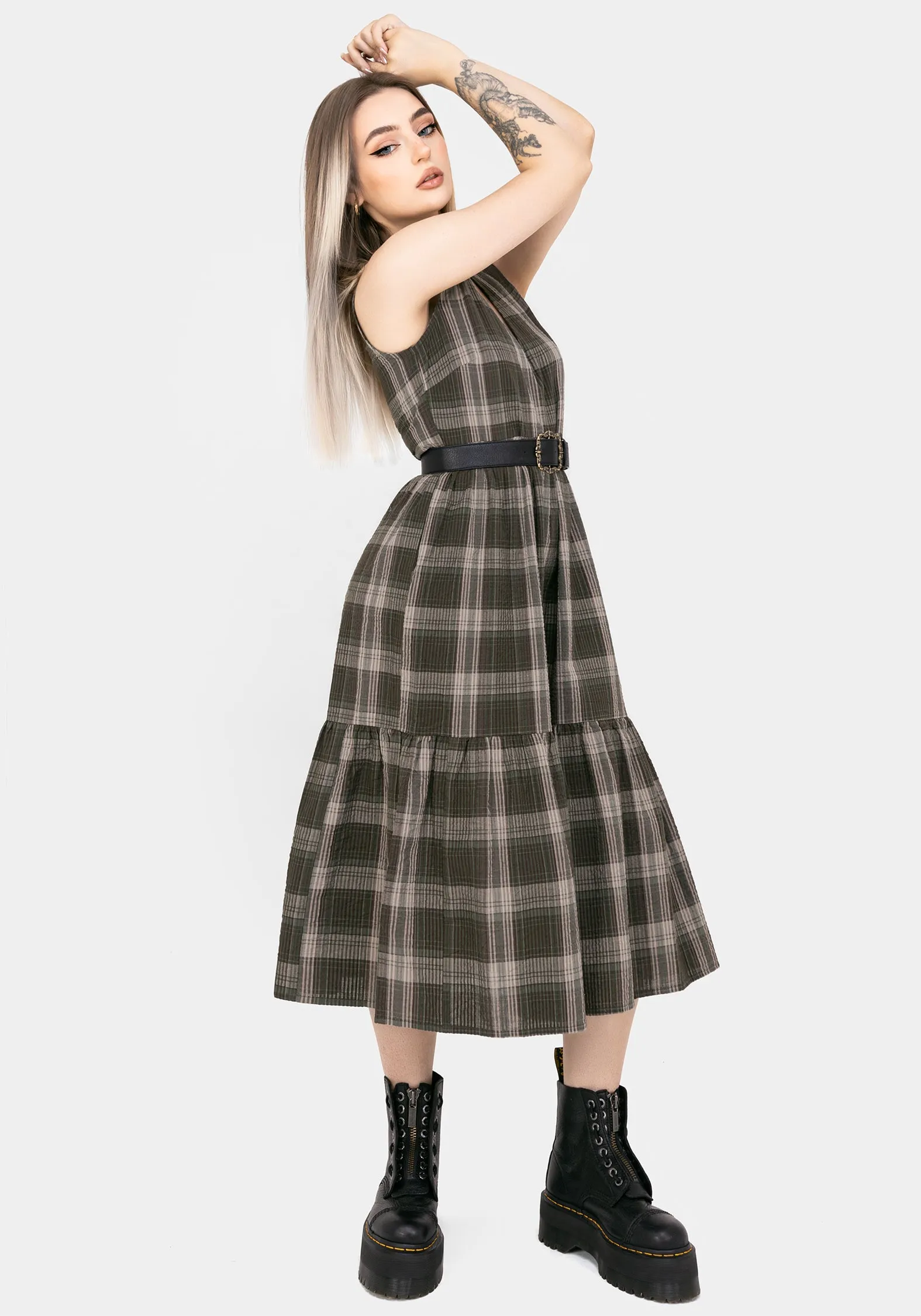 Clara Cotton Check Sleeveless Tiered Smock Midi Dress Mood Focused Stylish and Comfortable