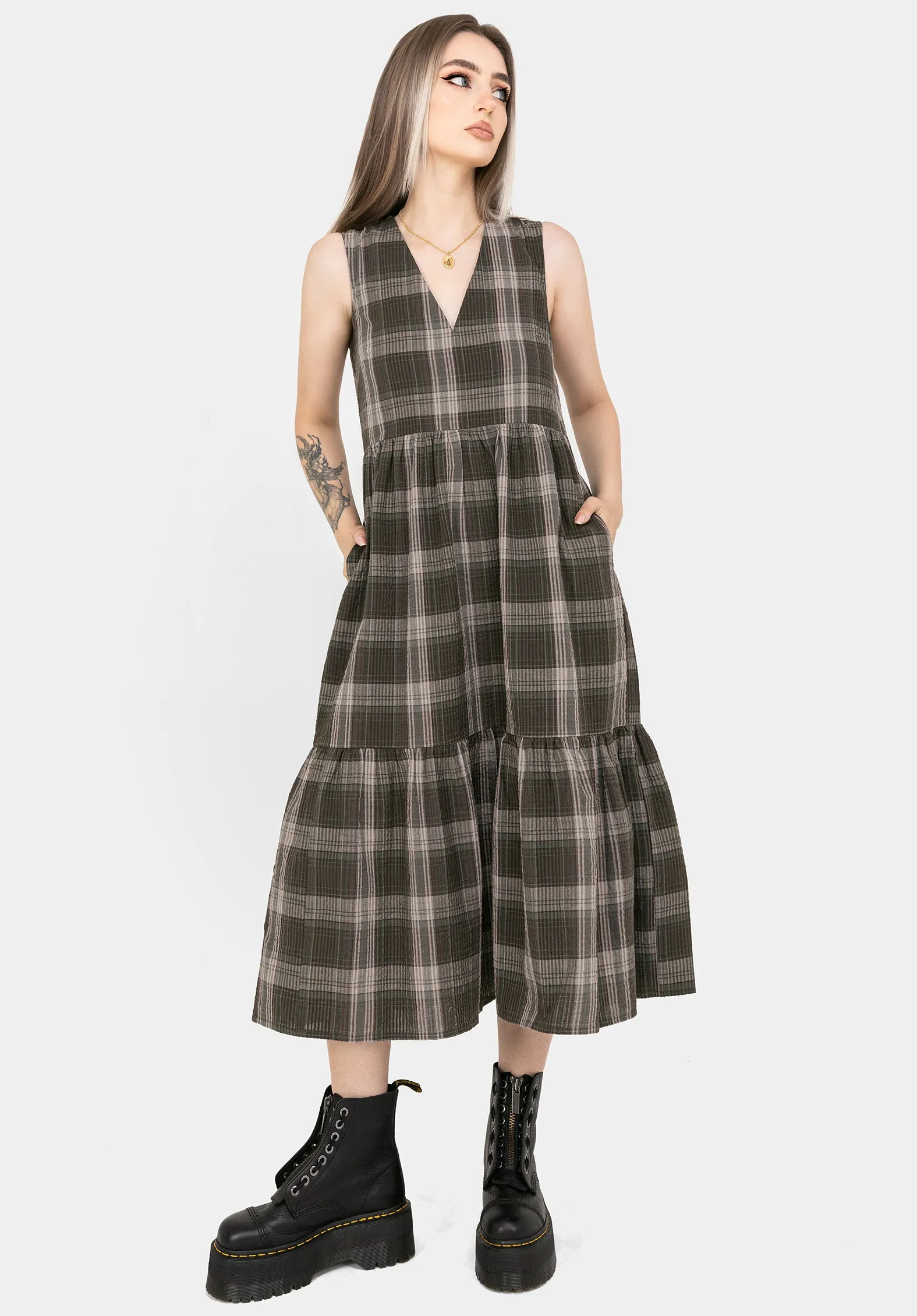 Dress-Up Style urban vibe Clara Cotton Check Sleeveless Tiered Smock Midi Dress