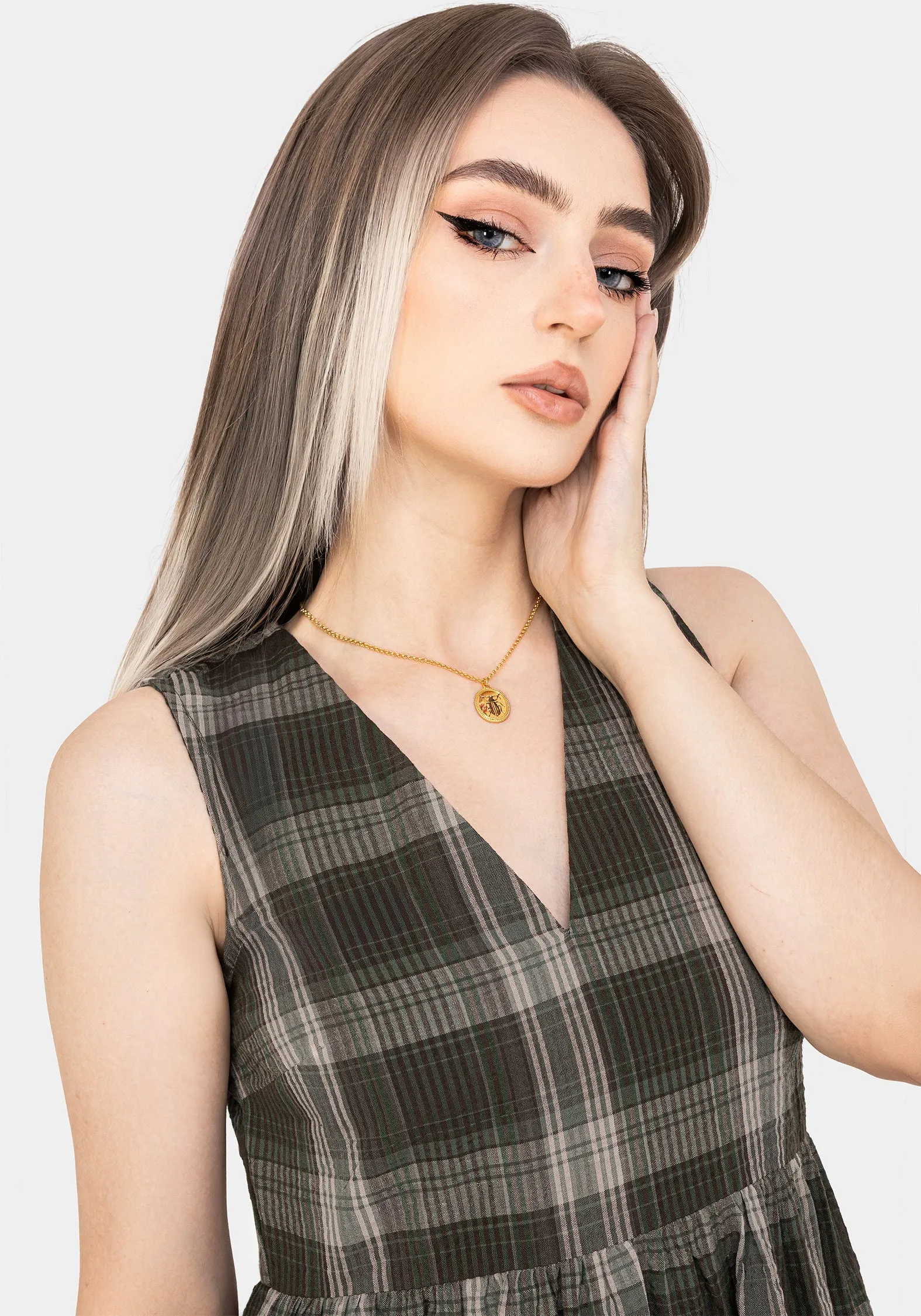 Clara Cotton Check Sleeveless Tiered Smock Midi Dress Fashion-Forward