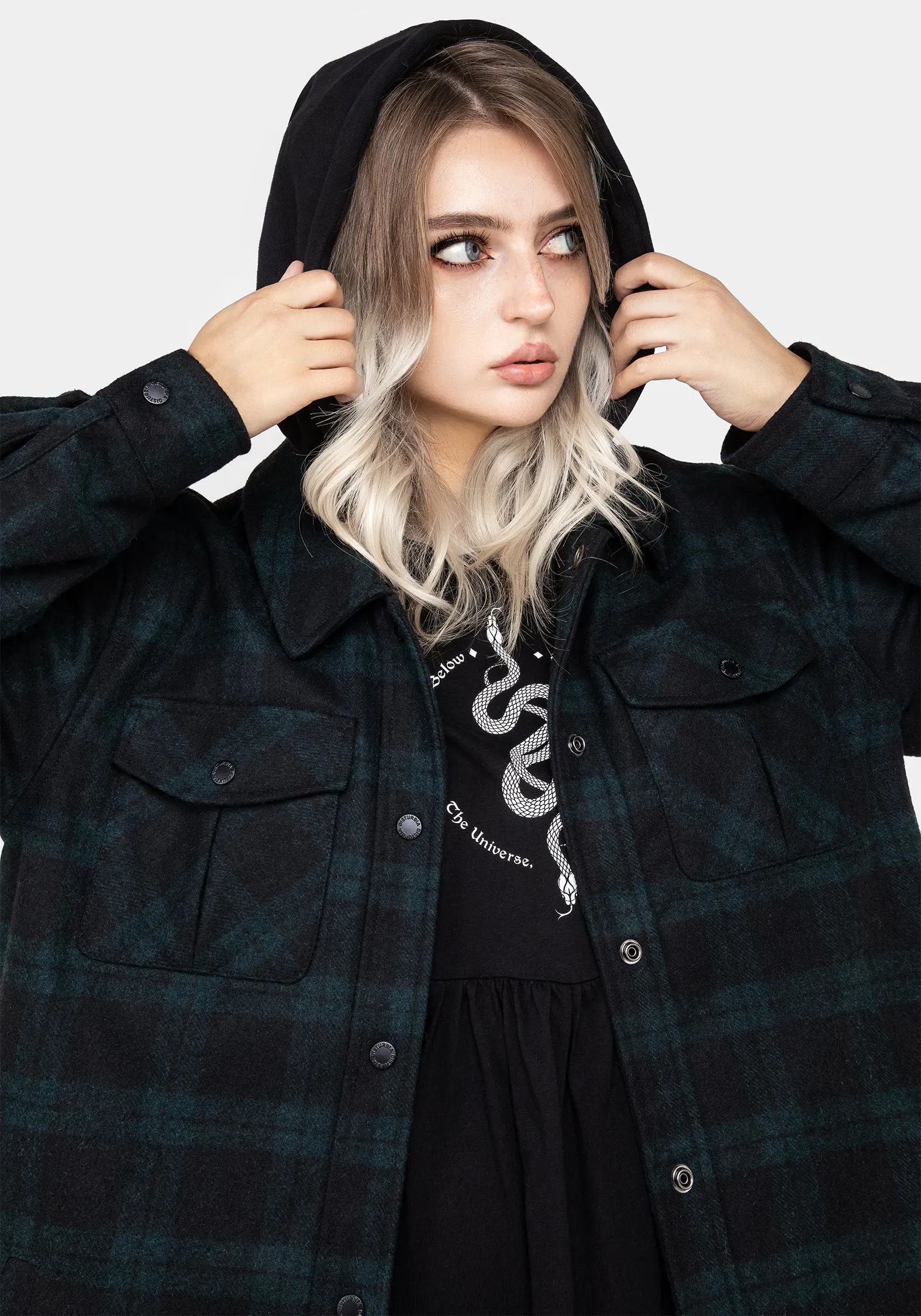 Trellis Hooded Pocket Wool Blend Check Shacket NonBulkyLayering Thermal Insulation