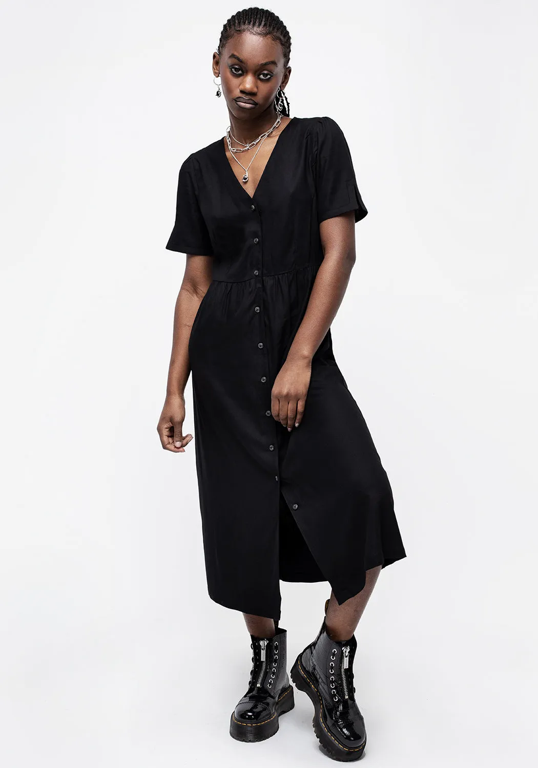Realm Button Down Midi Dress - Midnight Black Casual day-to-night piece