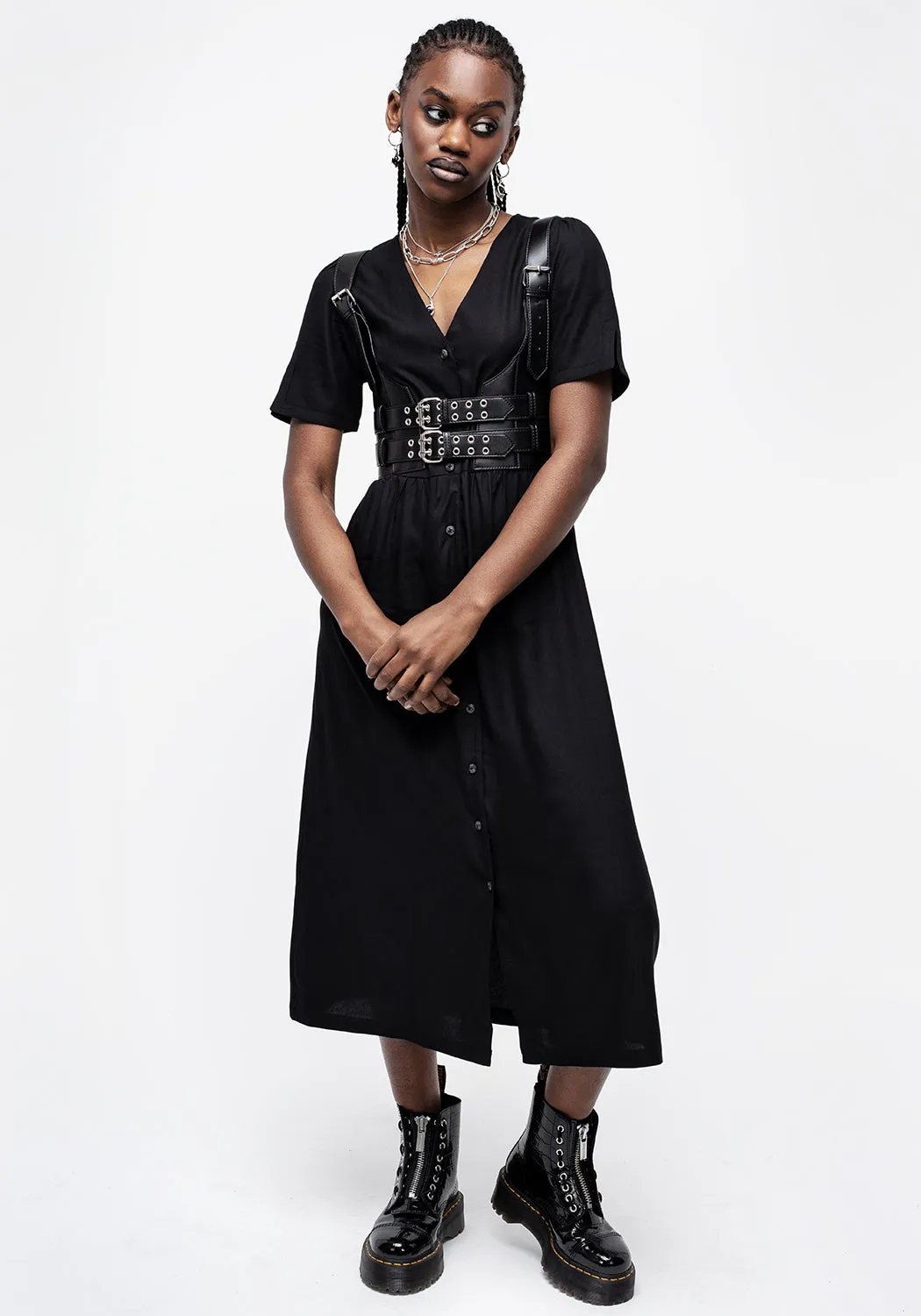 Realm Button Down Midi Dress - Midnight Black Work Ready Applique-Detail
