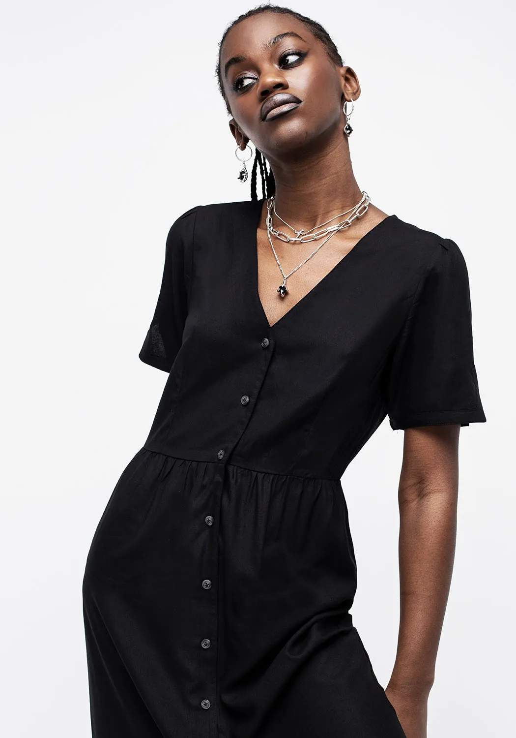 Realm Button Down Midi Dress - Midnight Black Chic and Cozy