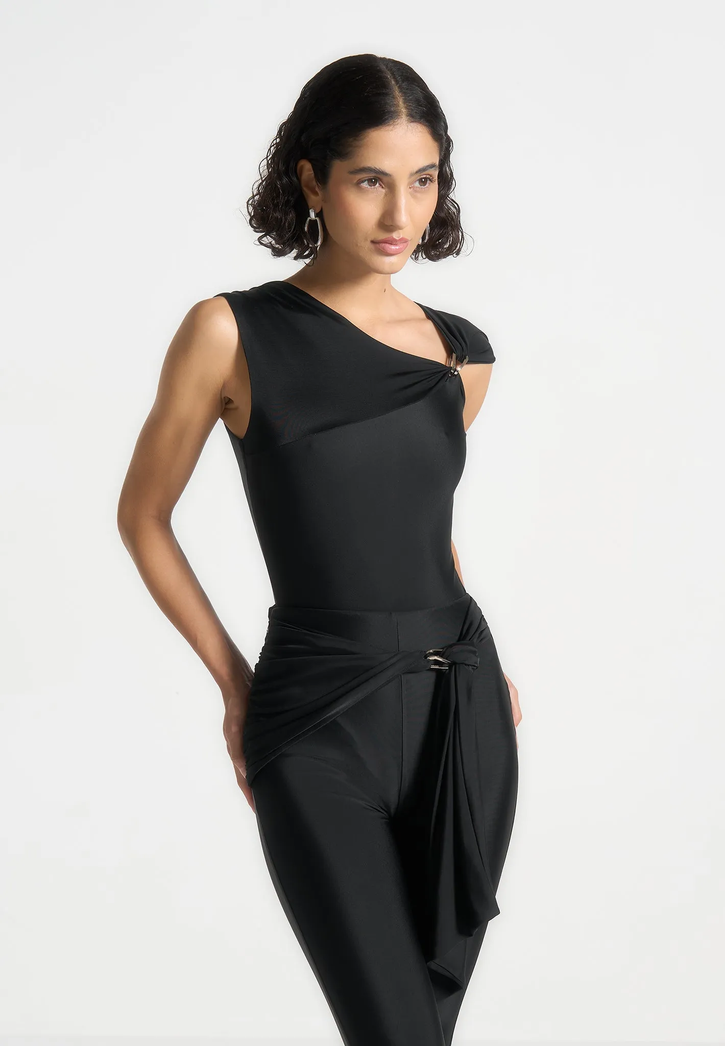 Wrinkle Free Fabric Fashion Must-Have Bodysuit with Hardware Detail - Black