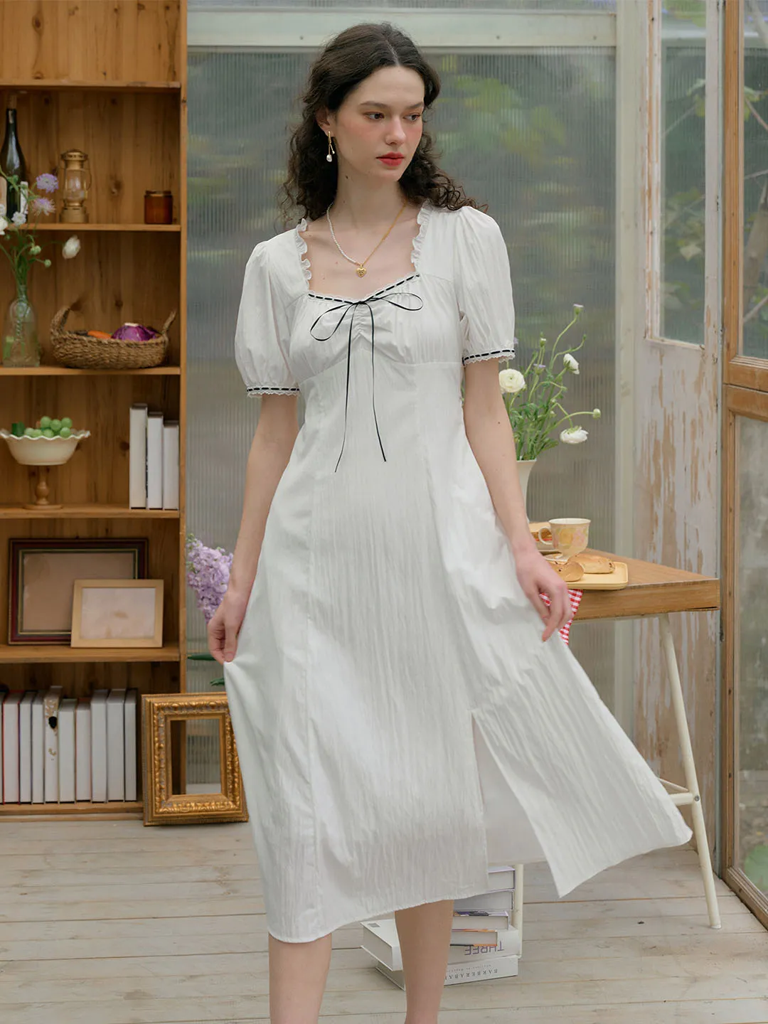 Edith Square Neck Contrast Bow Puff Sleeves Slit Hem Dress Luxe Comfort