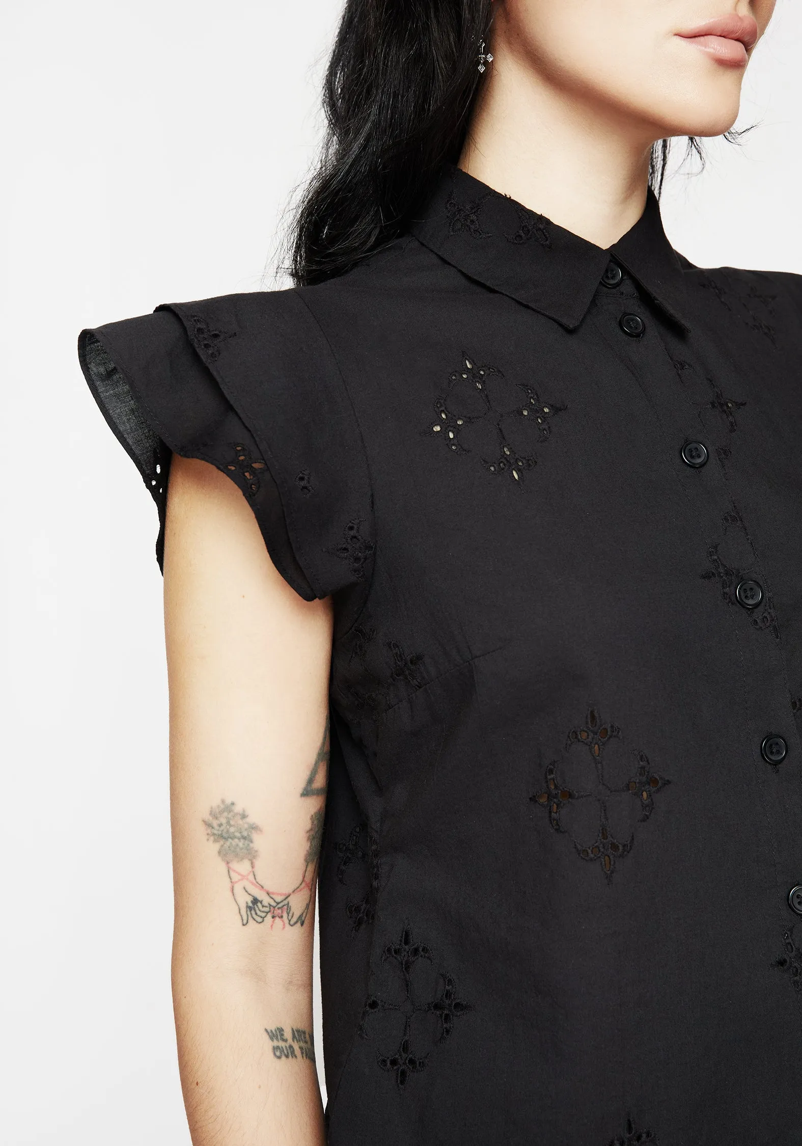 Crux Broderie Cotton Frill Sleeve Button Up Shirt Fray Resistant Edges AbrasionResistant Fabric