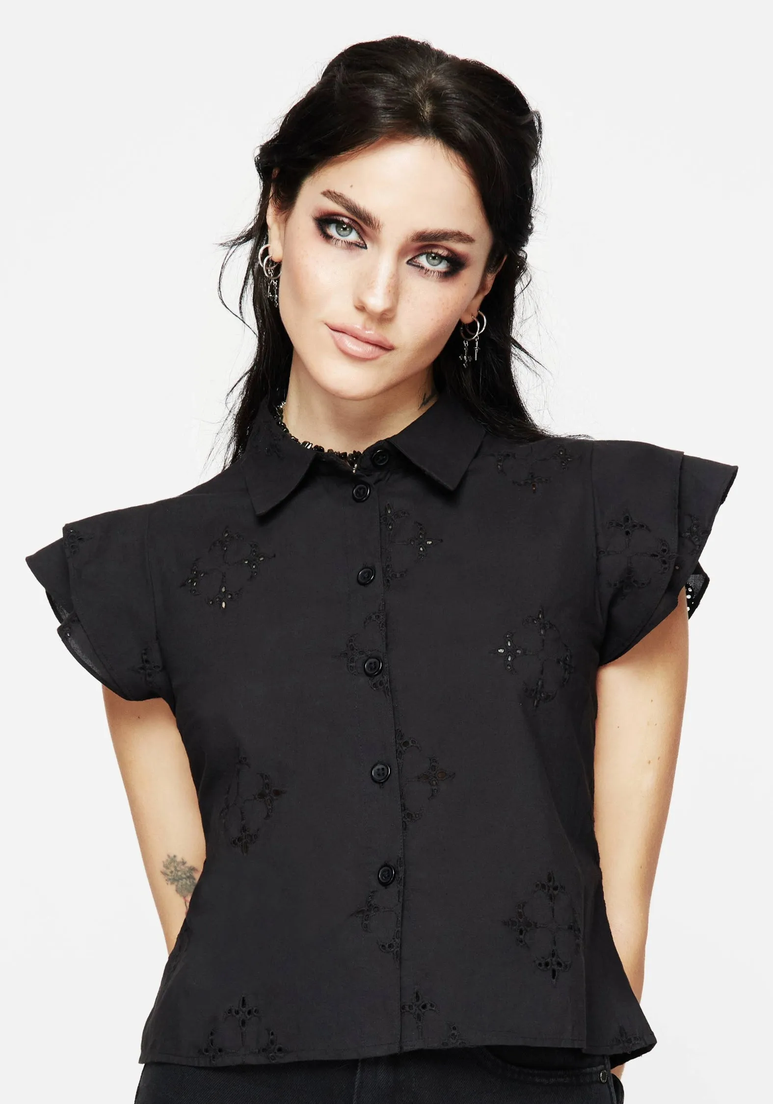 Statement Piece vacation wear Crux Broderie Cotton Frill Sleeve Button Up Shirt