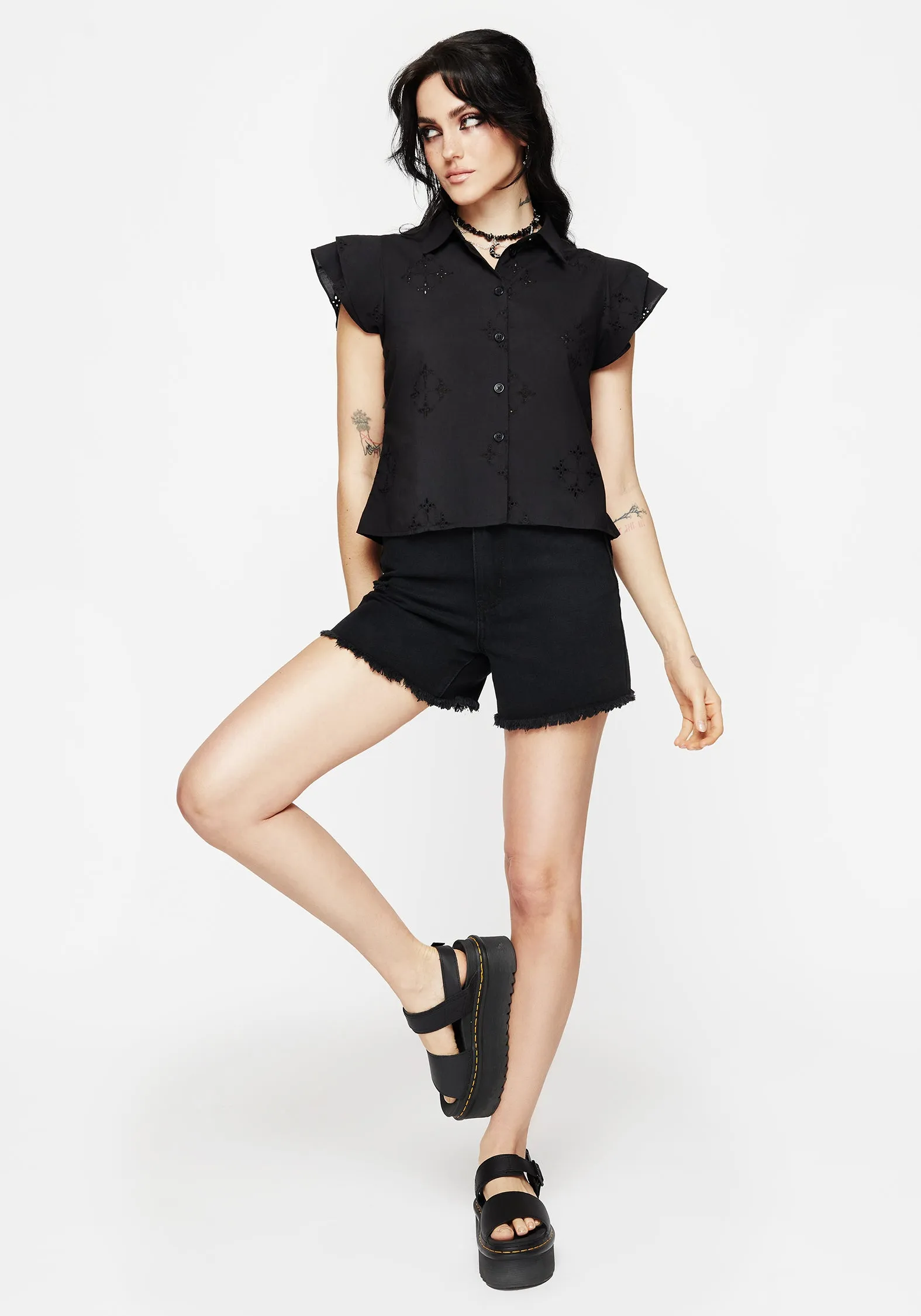 Seasonal Fashion Crux Broderie Cotton Frill Sleeve Button Up Shirt