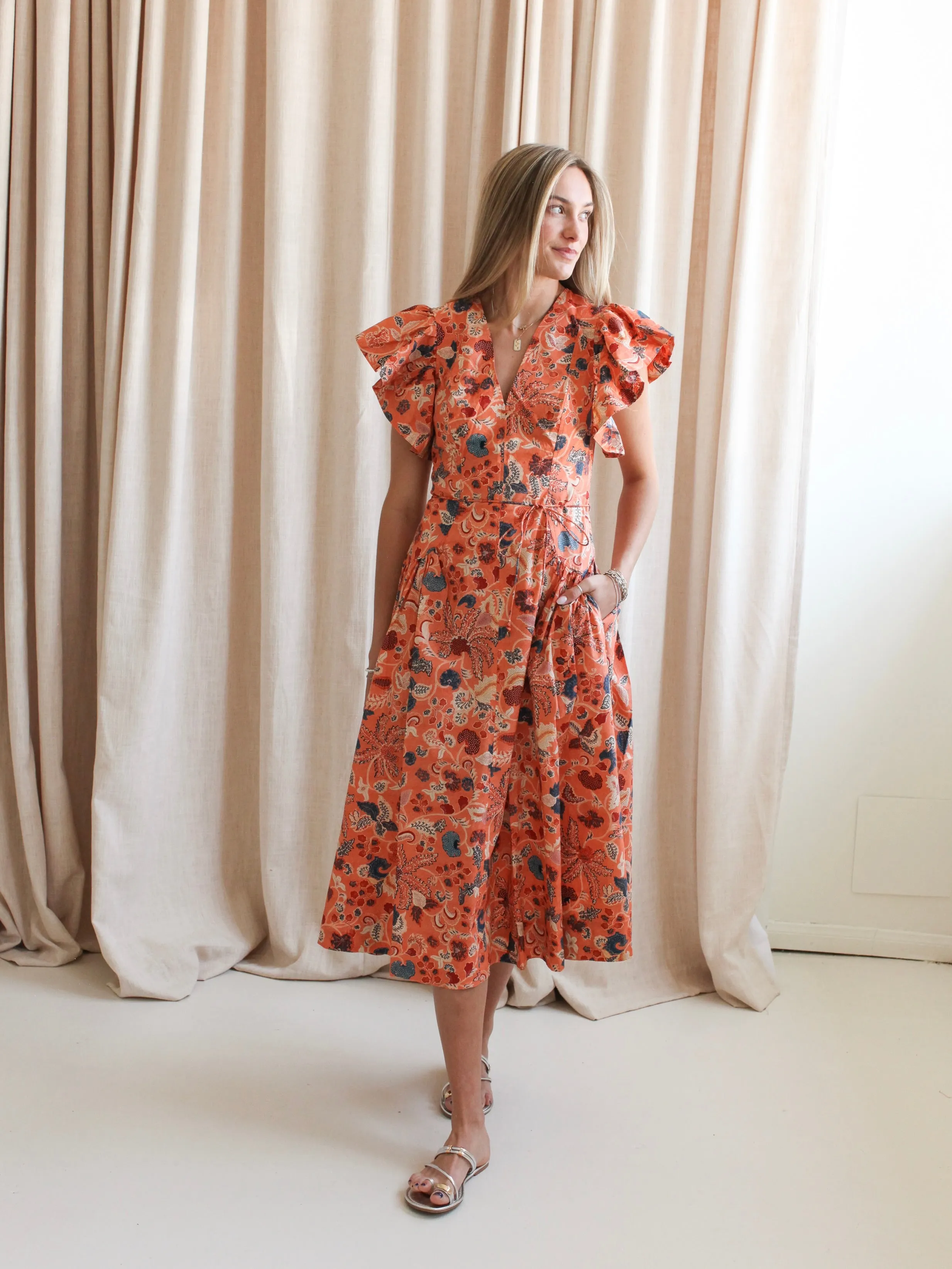 Layered Movement Ulla Johnson Darya Drop Waist Midi Dress - Coral Peony