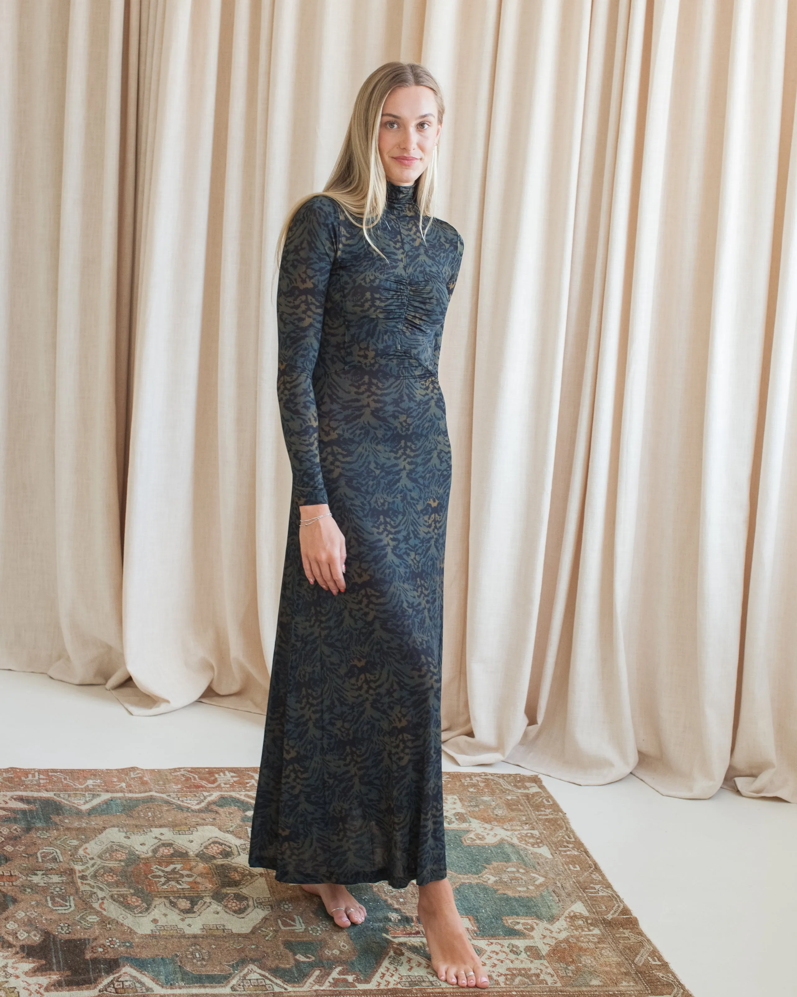 Padded-Bust Everyday Layers Ulla Johnson Koa Jersey Ruched Front Turtleneck Dress- Desert Jasper