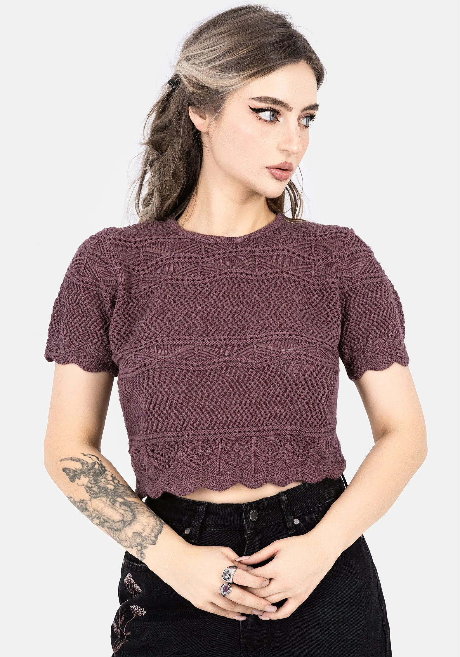 Hooked Pointelle Short Sleeve Crop Top - Purple Summer Style