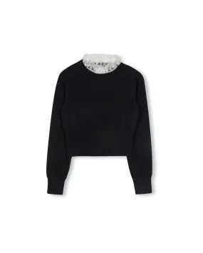 Relaxed Silhouette Brushed Interior Lace Trimmed Knit Sweater