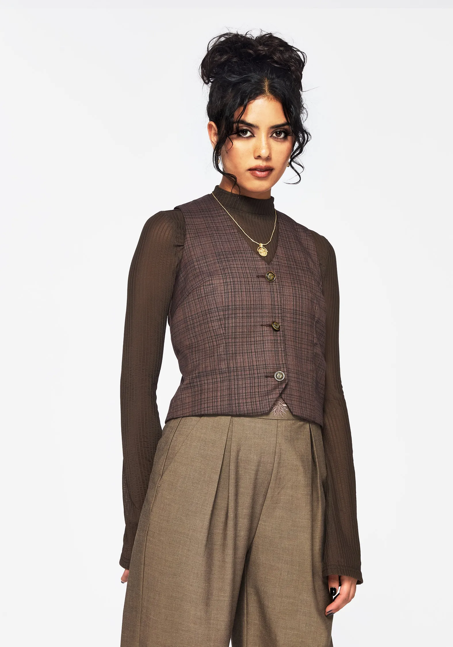 Contoured Side Panels FrenchTerry Corbin Check Tailored Waistcoat