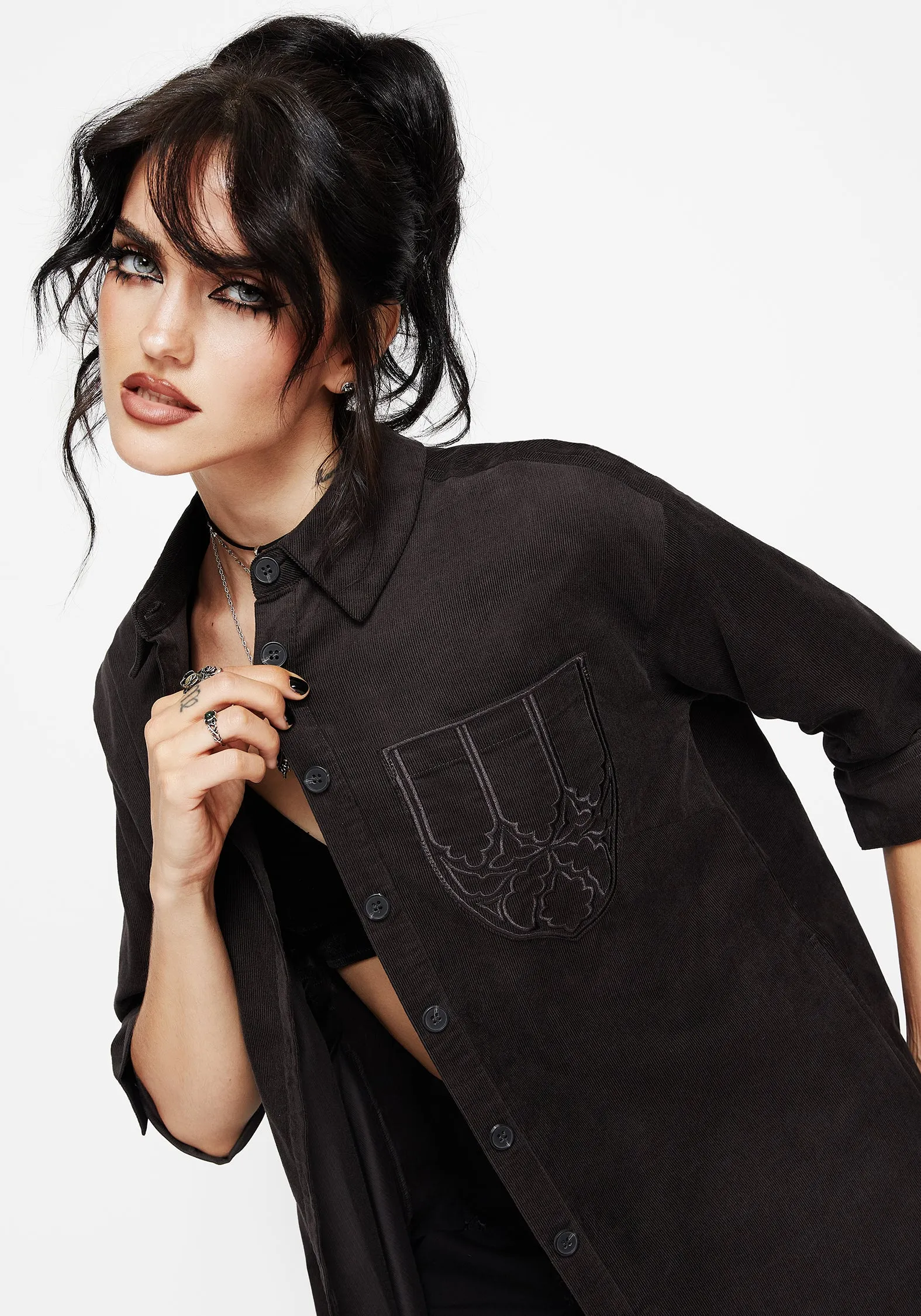 Elegant Wearable Mesh-Detail Axis Cotton Pocket Embroidered Mini Shirt Dress