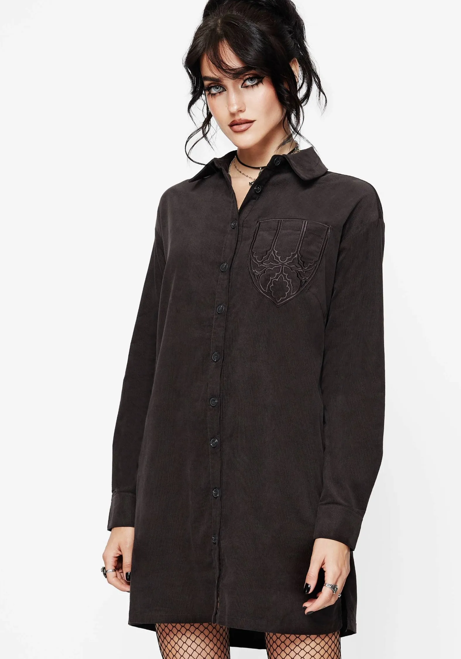 Pose Queen Street Glam Axis Cotton Pocket Embroidered Mini Shirt Dress