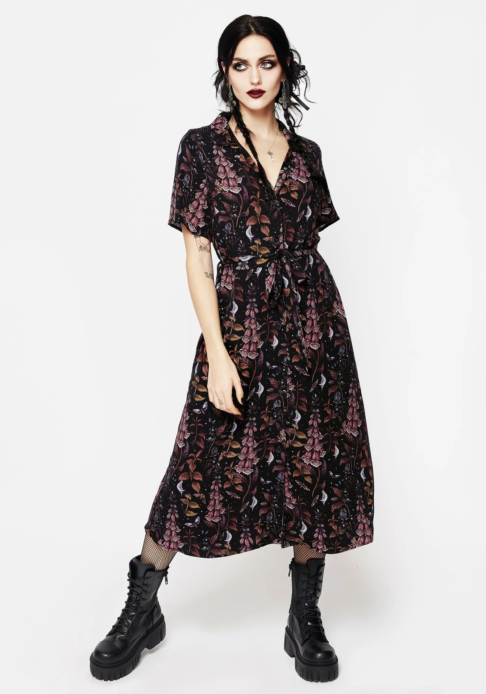 Satin Grace Foxglove Midi Shirt Dress