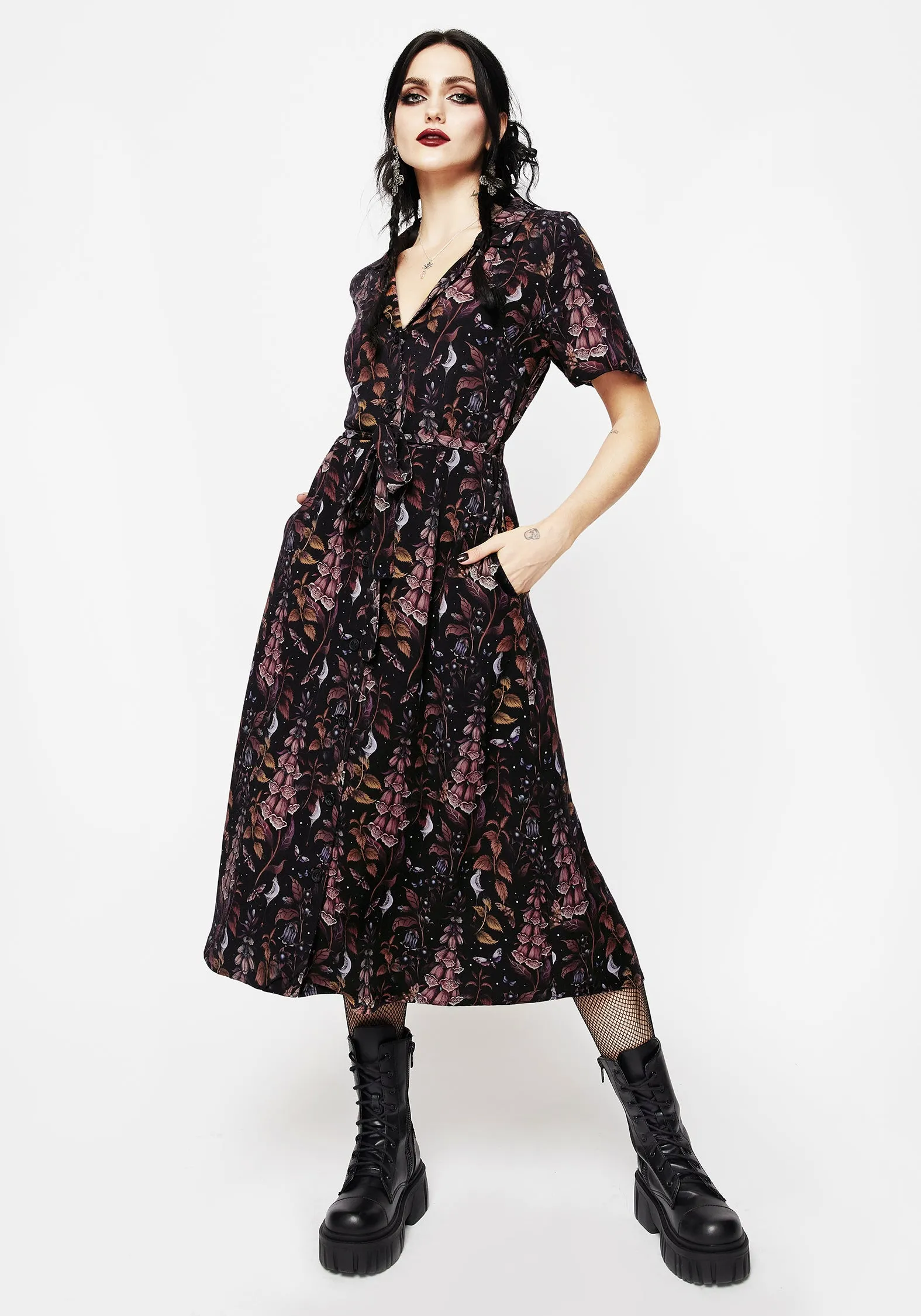 Earth-Tone Foxglove Midi Shirt Dress
