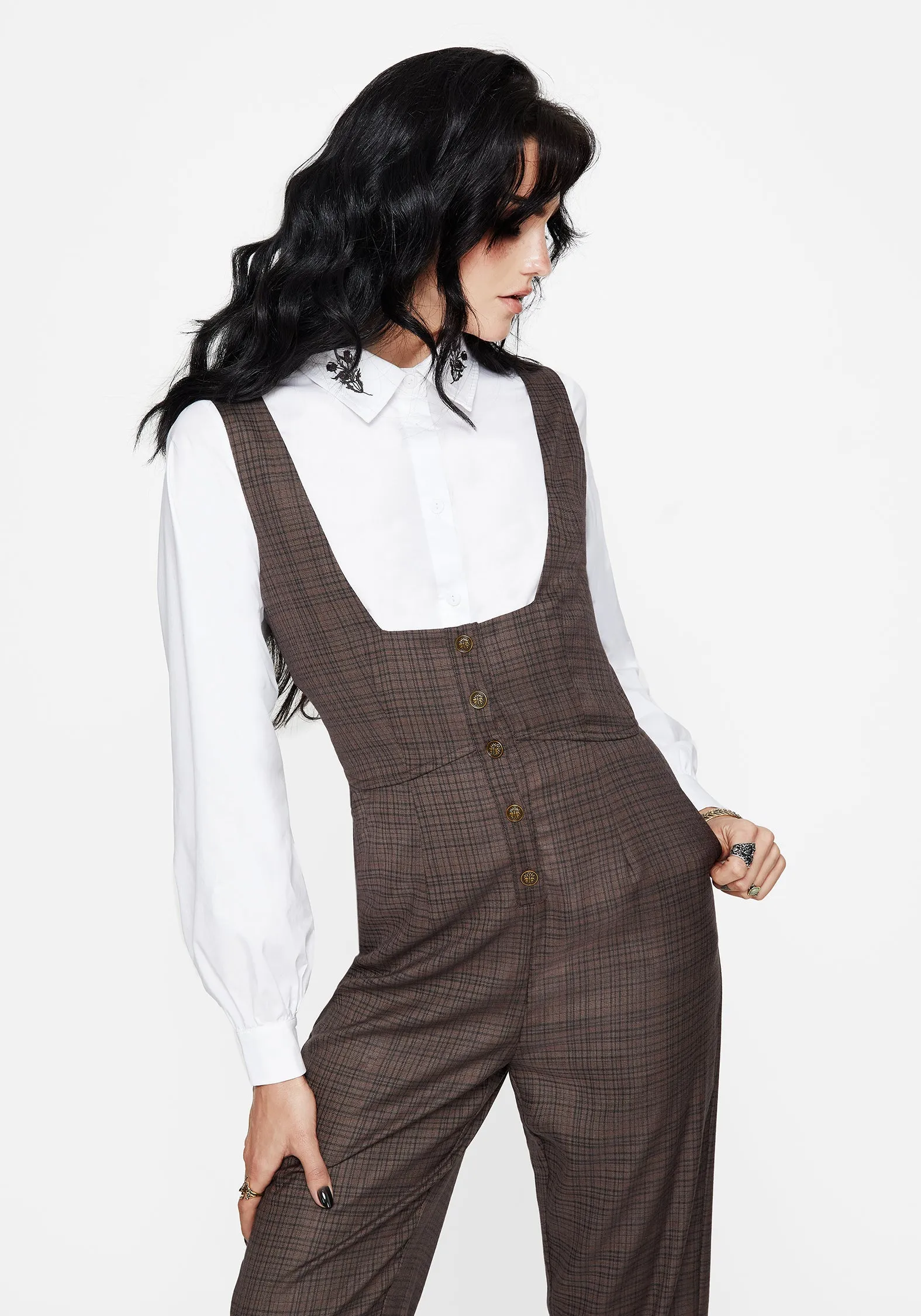 Hemp Blend Lamya Check Tailored Straight Leg Suspender Trouser