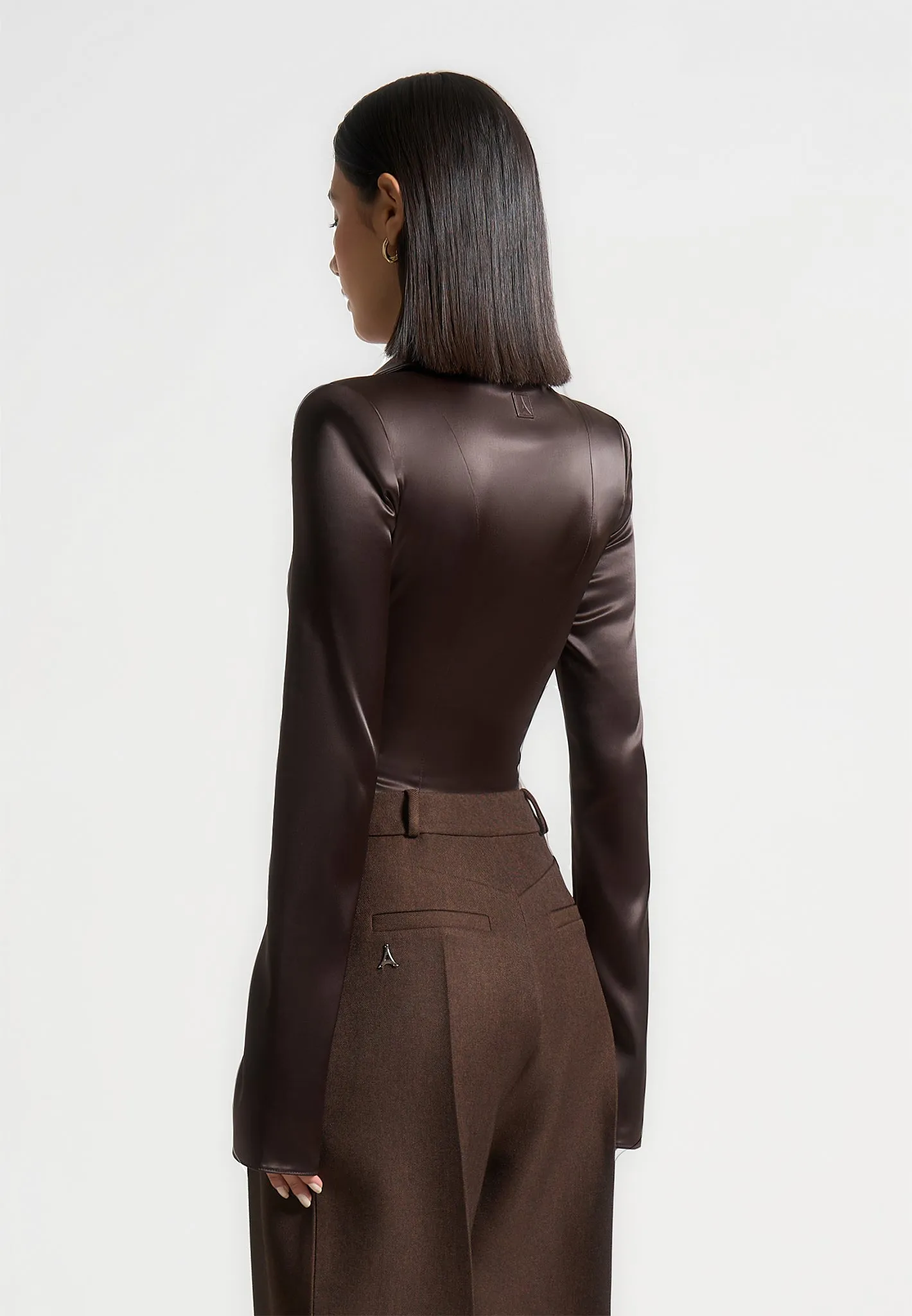 Louise - Wide Shoulder Satin Shirt Bodysuit - Brown Versatile and Stylish Chic And Comfortable