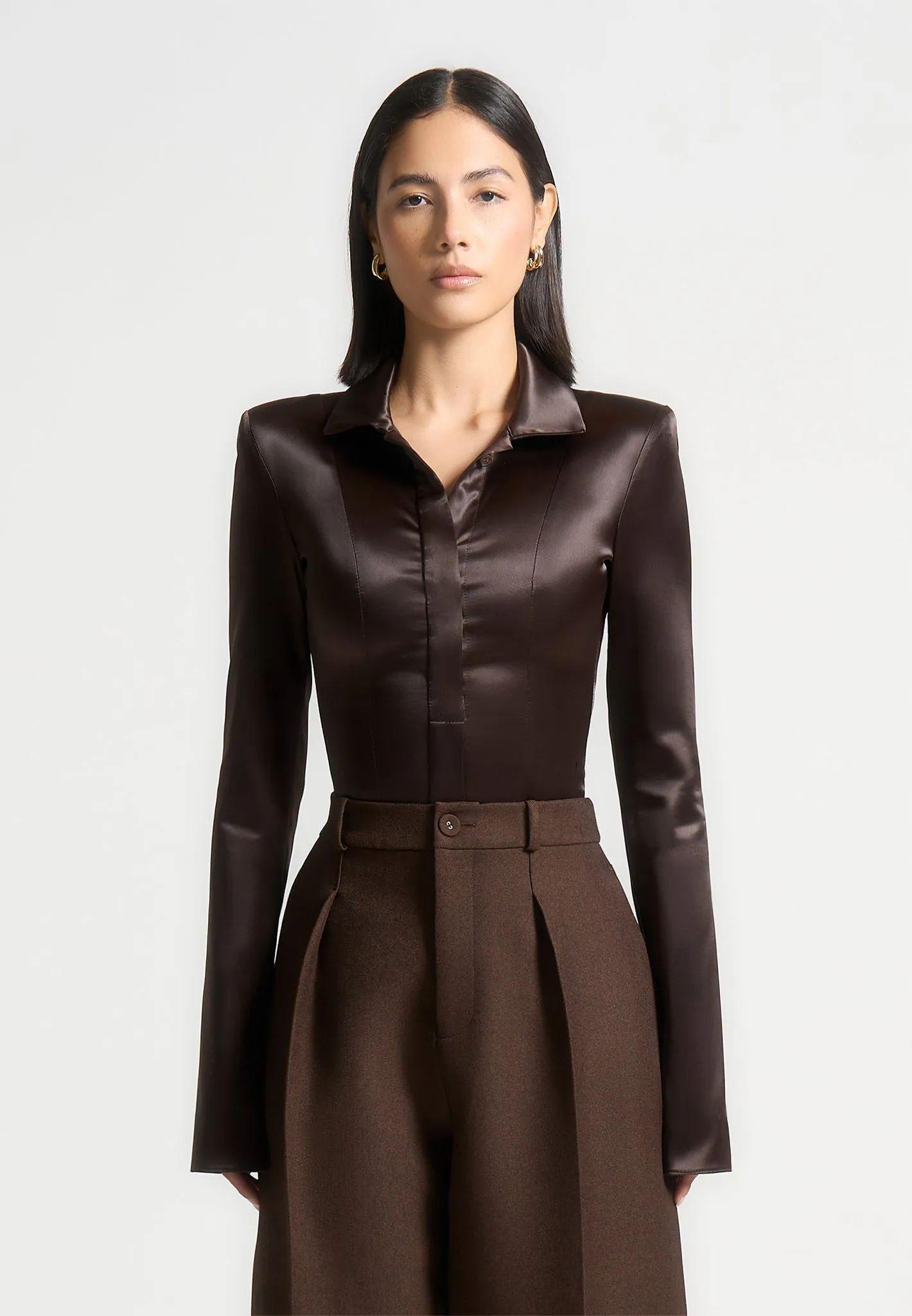 Louise - Wide Shoulder Satin Shirt Bodysuit - Brown sequined details Fashion Ready