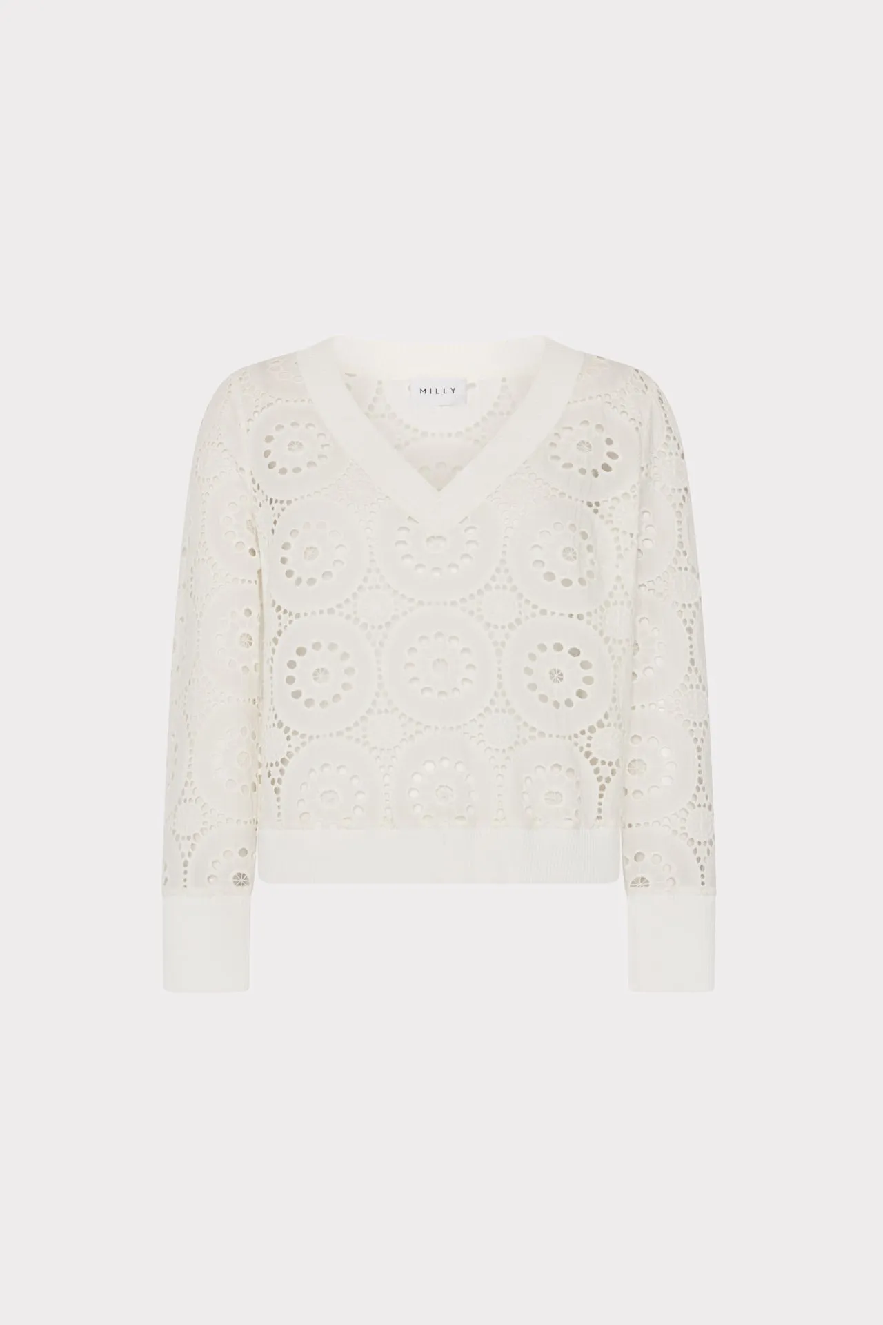 DoubleLayered Collar WideNeckOpening V-Neck Embroidery Knit Detail Top