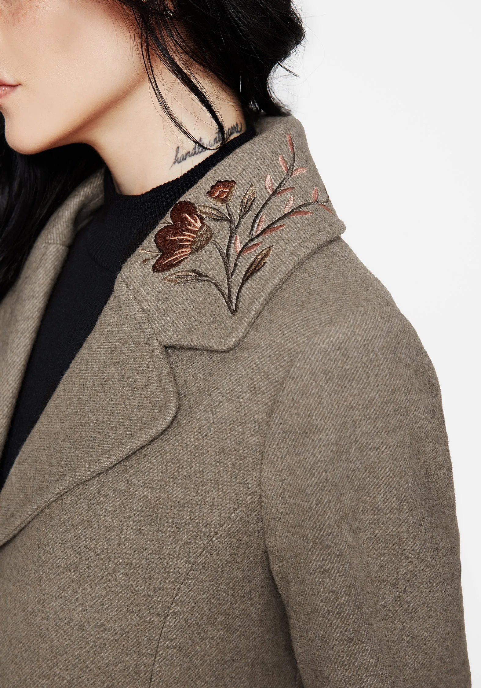 Valeria Floral Moth Embroidered Herringbone Longline Coat Ergonomic Articulation SeamlessShoulderPanels