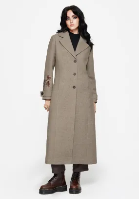 Valeria Floral Moth Embroidered Herringbone Longline Coat Insulated Warmth Heat Retention Layer