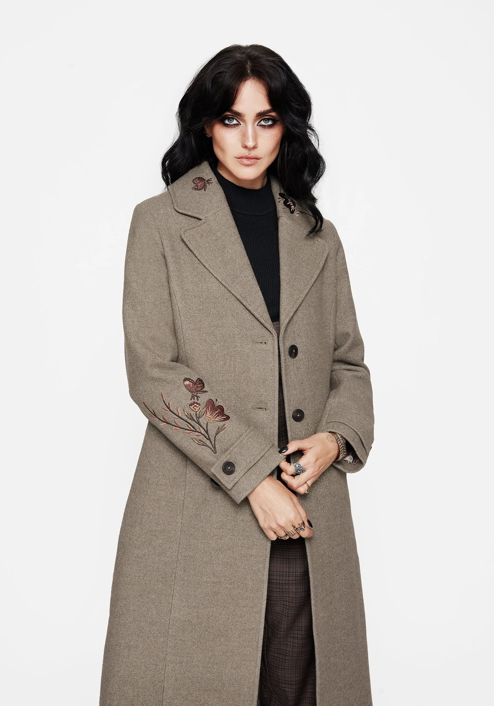 Stretch Fabric Neutral Tones Look Valeria Floral Moth Embroidered Herringbone Longline Coat