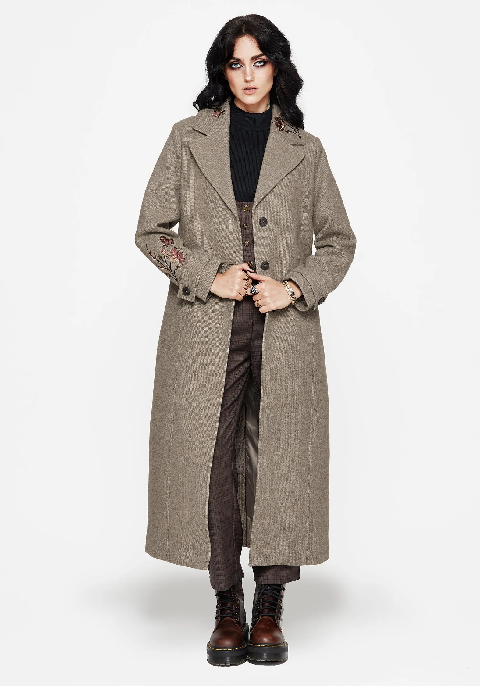 Thick Insulation Valeria Floral Moth Embroidered Herringbone Longline Coat