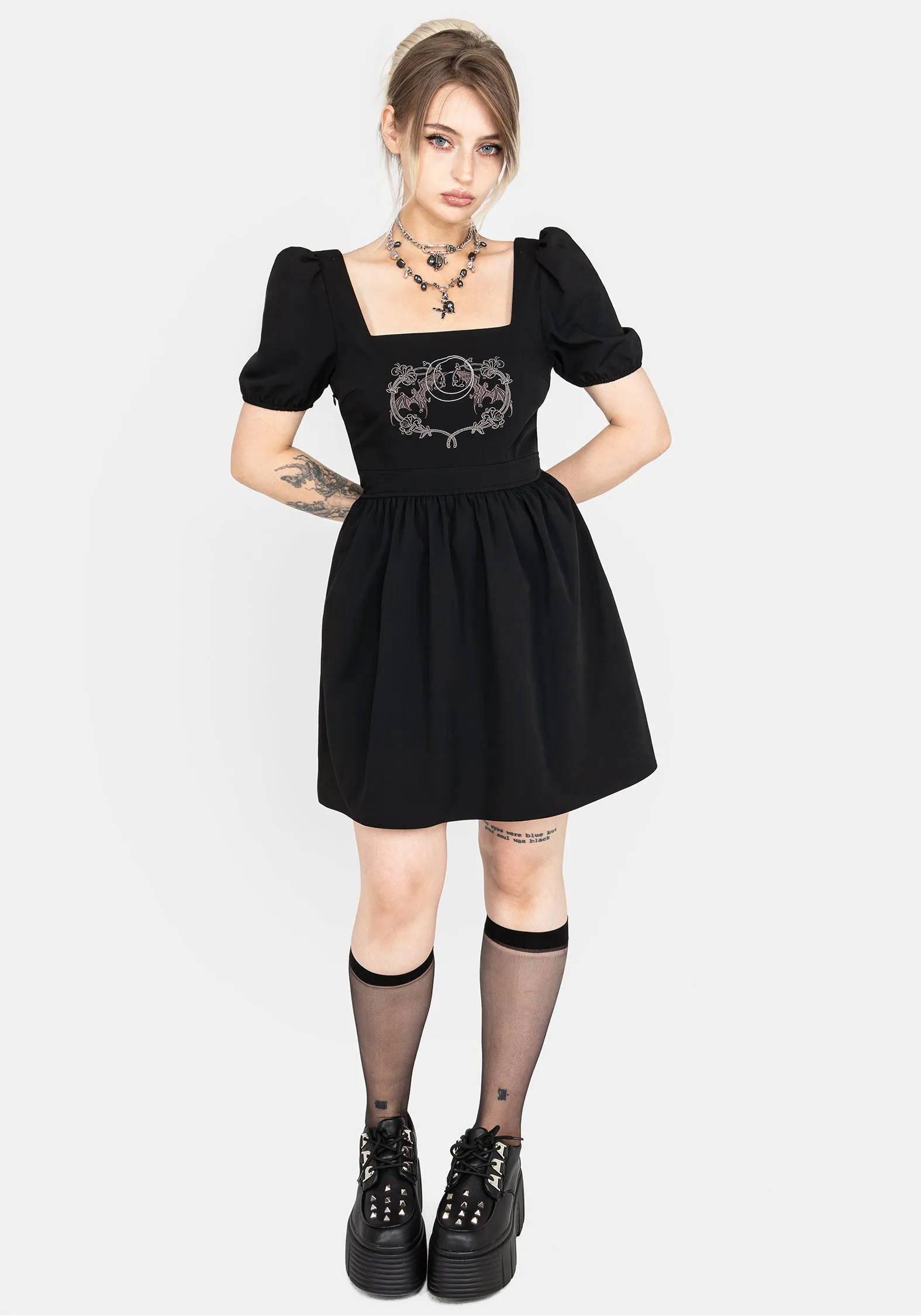 Vampyrum Bat Embroidered Puff Sleeve Mini Dress Spice Core Party Proof