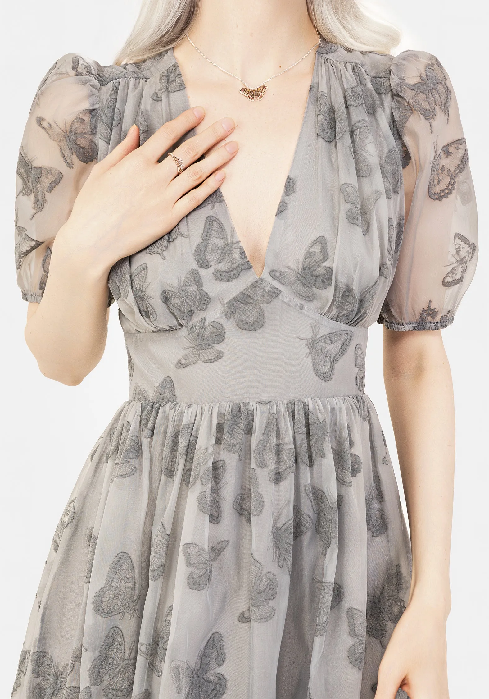 Vanessa Butterfly Print Organza Puff Sleeve Midaxi Dress Sunset Peak Morning Glow