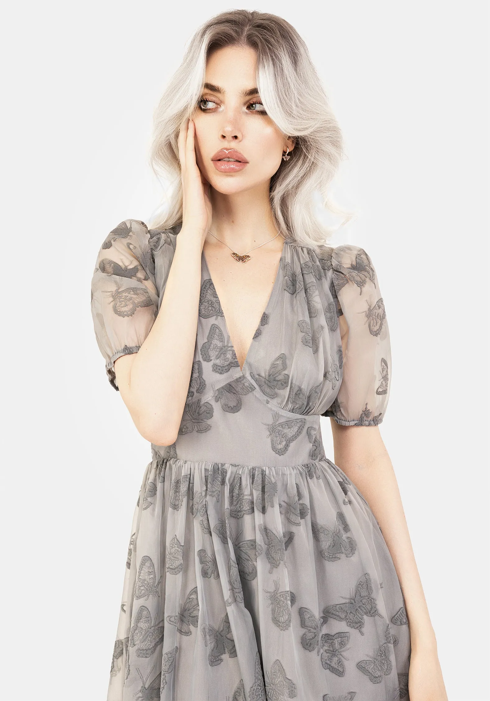 Breathable Design Vanessa Butterfly Print Organza Puff Sleeve Midaxi Dress