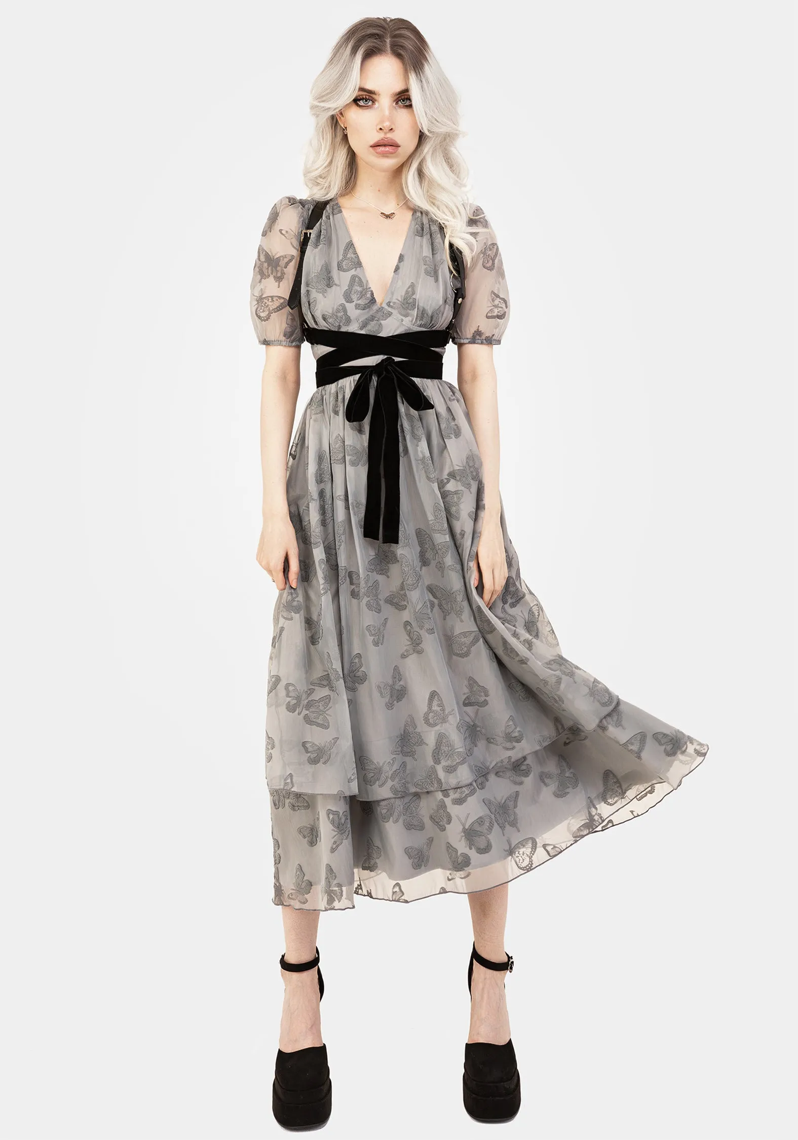 Vanessa Butterfly Print Organza Puff Sleeve Midaxi Dress Everyday Line