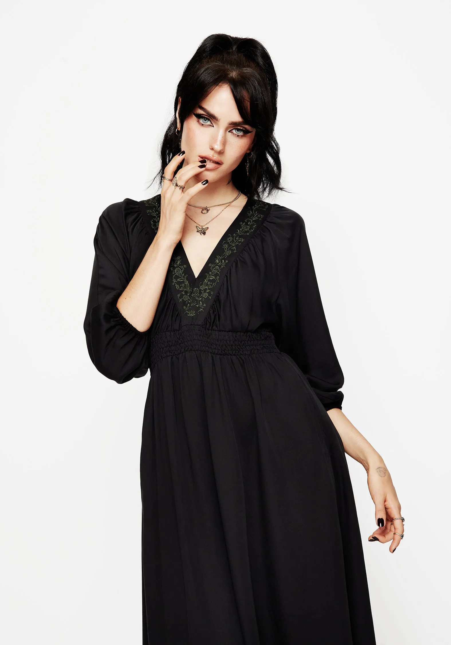 Veil Floral Embroidered Batwing Midaxi Dress Cozy Tones