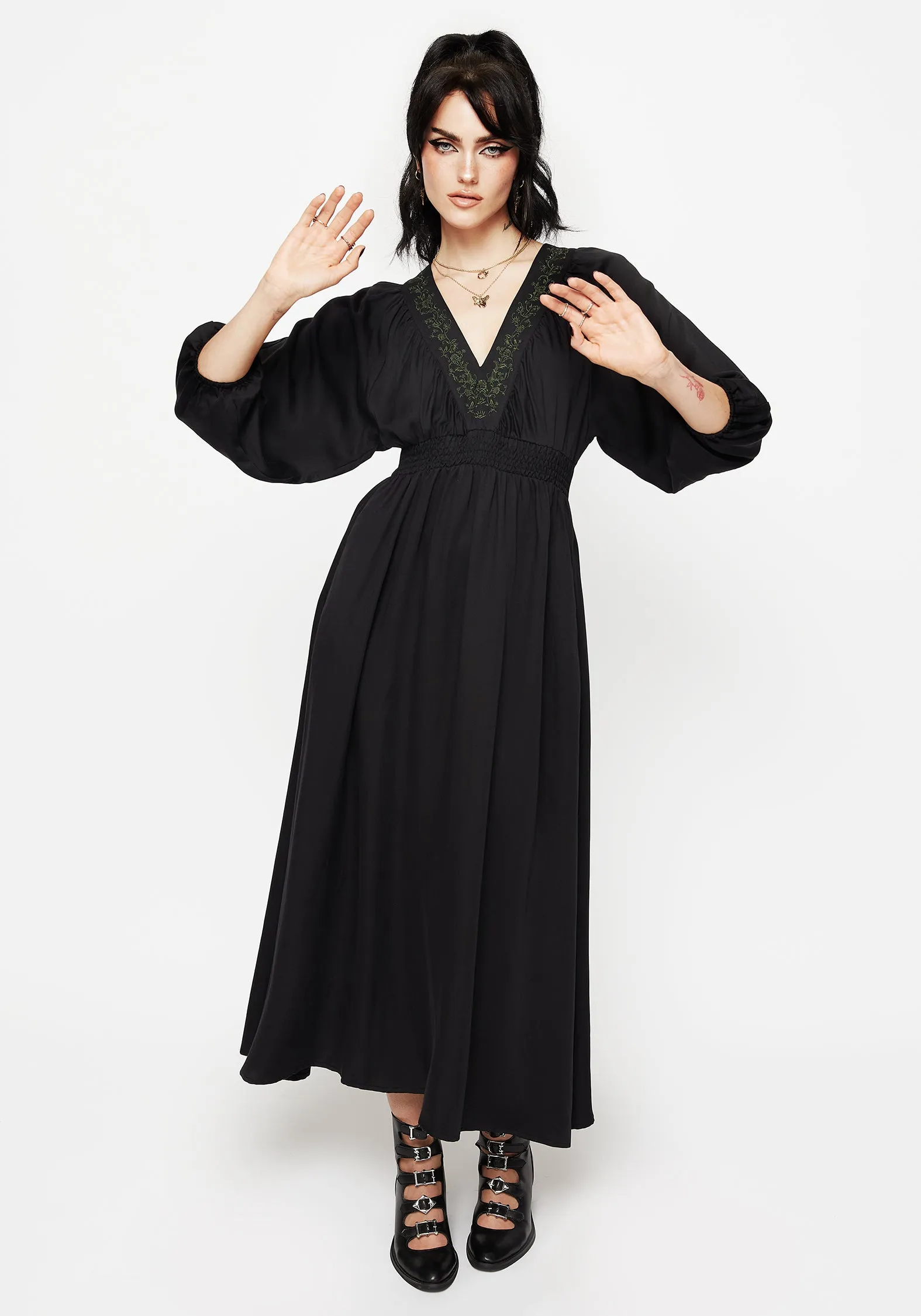 Autumn Look Veil Floral Embroidered Batwing Midaxi Dress