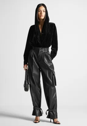 VintageWashEffect Summer Wear Velour Hooded Bodysuit - Black