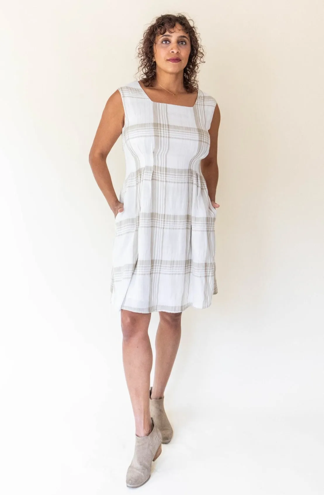 Pleiades Dress in Plaid Ivory Quiet Glow Texture Glow
