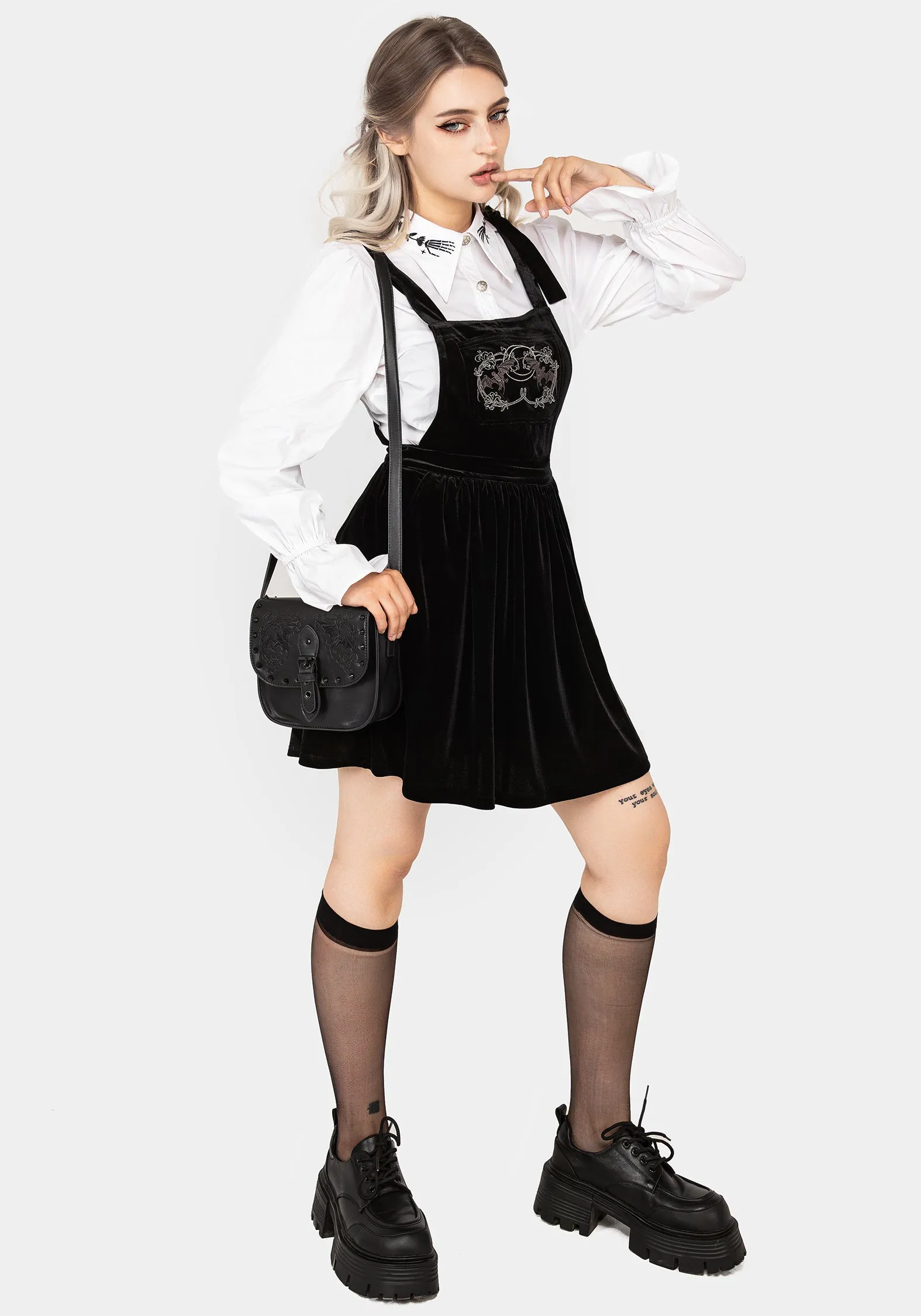tailored look Vampyrum Bat Embroidered Mini Pinafore Dress