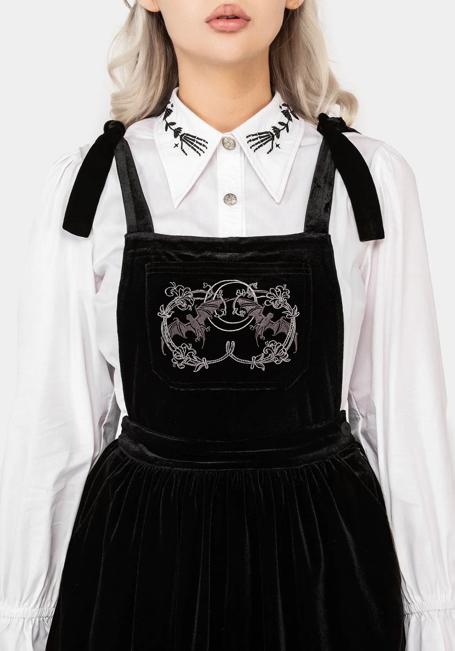 Vampyrum Bat Embroidered Mini Pinafore Dress Subtle design