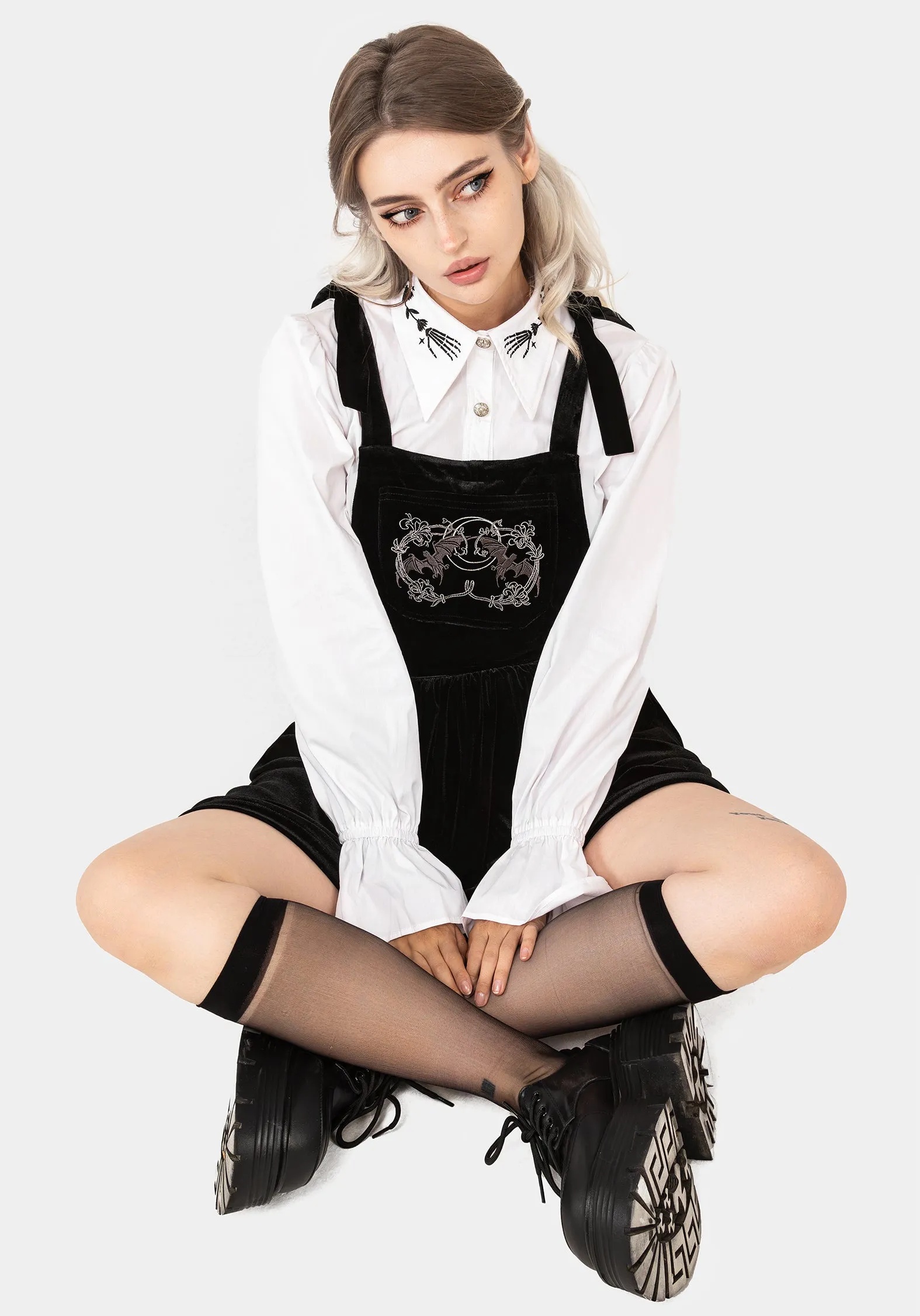 Office Smart Shade Soft Vampyrum Bat Embroidered Mini Pinafore Dress