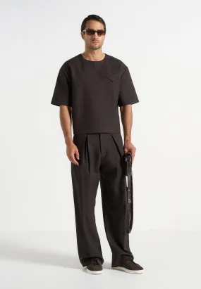 Durable Quality L??on - Boxy Cropped Hatched T-Shirt - Dark Brown