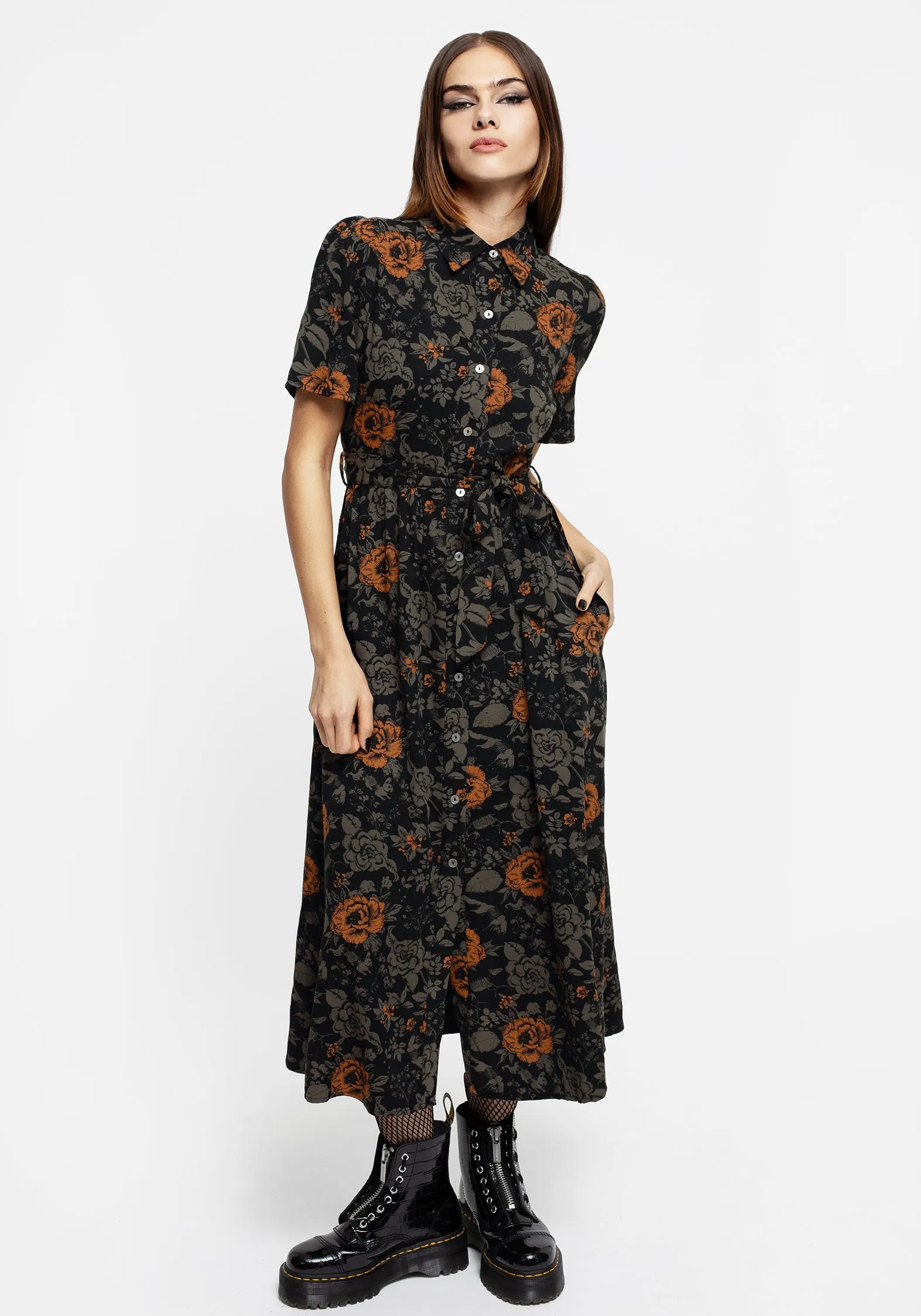 Mortify Floral Print Midi Shirt Dress Scandi Clean Youthful Mood
