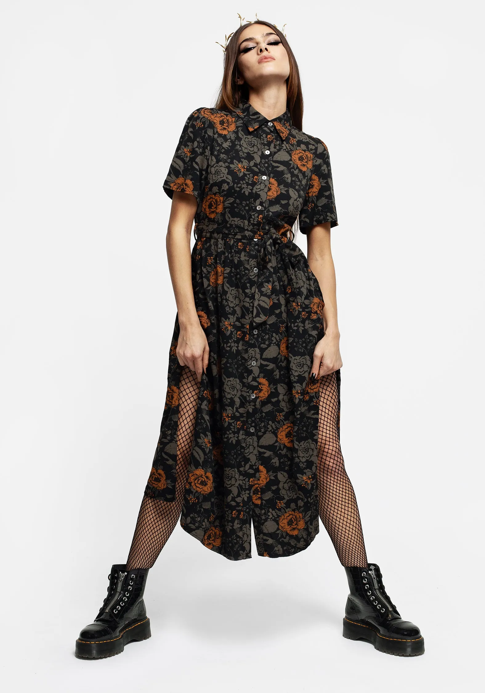 Walkable Flow Mortify Floral Print Midi Shirt Dress