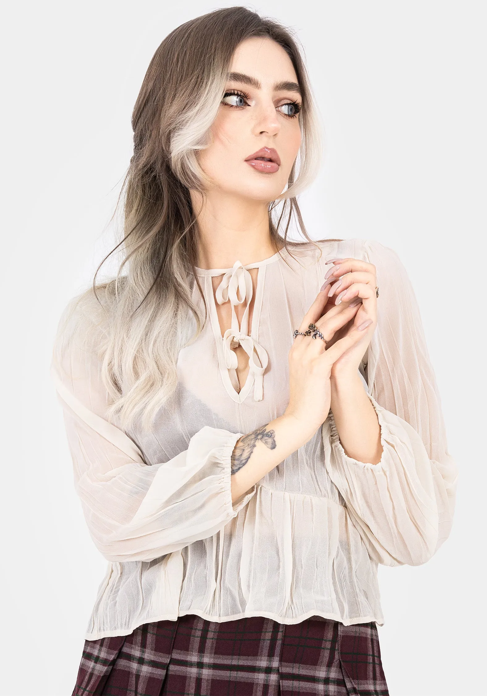 Villain Textured Tie Front Peplum Blouse - White ButterSoftTexture RelaxedSilhouette