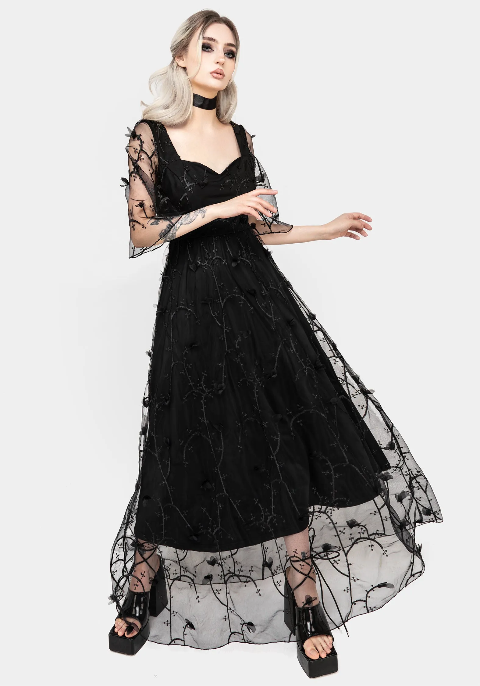 Vine Embroidered Gown Sheer Panel