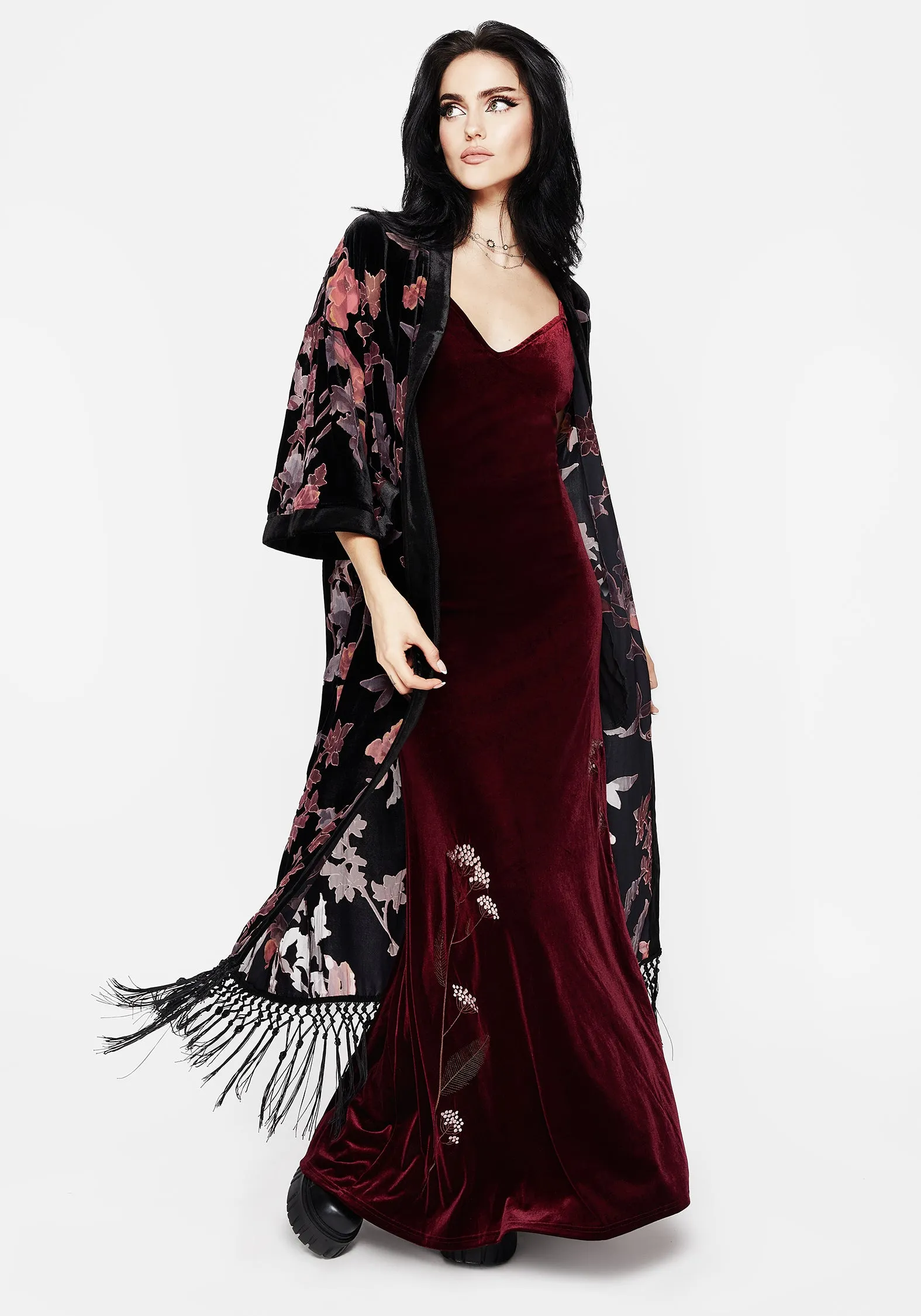Comfort and Elegance Virosa Floral Embroidered Velour Gown