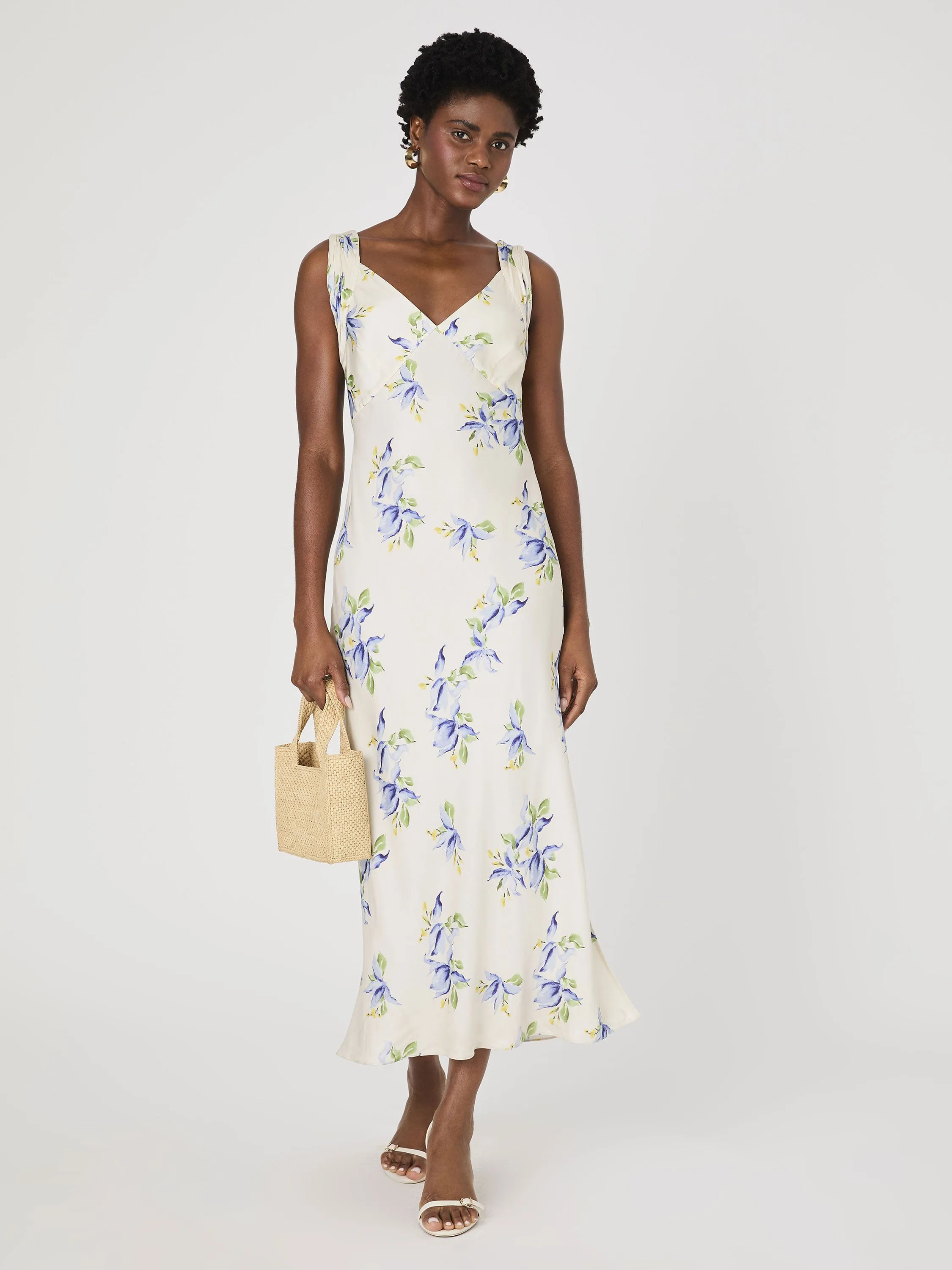 Vivian Ennis Satin Midaxi Dress Vibrant patterned dress Front Ruffle