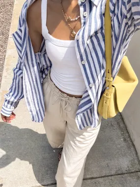 Close Call Stripe Button Down in Denim - Final Sale QuickDry Weave