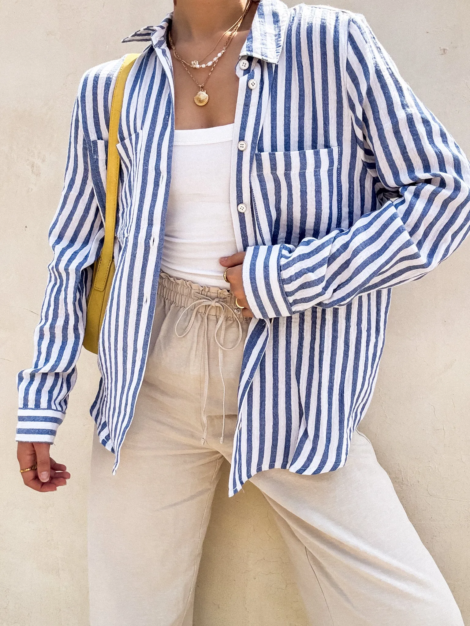 Textured Weave Design Close Call Stripe Button Down in Denim - Final Sale