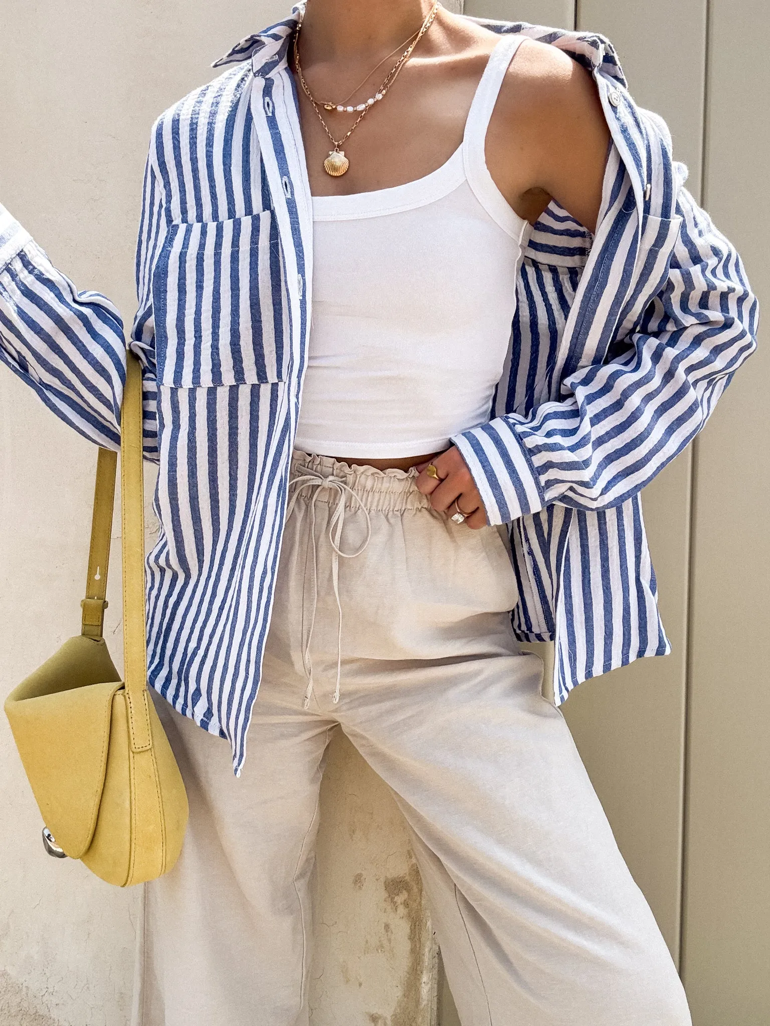 Daily Layered Outdoor Outfit Close Call Stripe Button Down in Denim - Final Sale